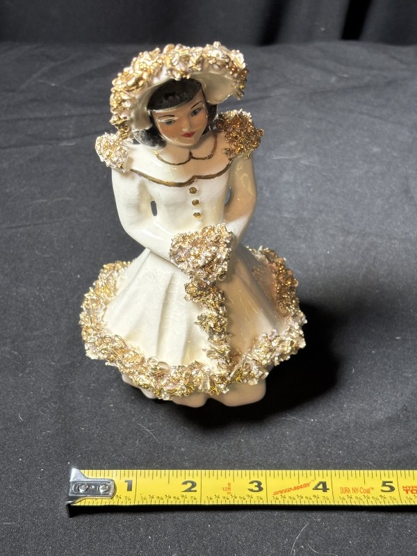Vintage Spaghetti Trim Ceramic Southern Belle Lady Figurine Gold Accents 7 Inch