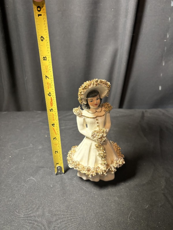 Vintage Spaghetti Trim Ceramic Southern Belle Lady Figurine Gold Accents 7 Inch
