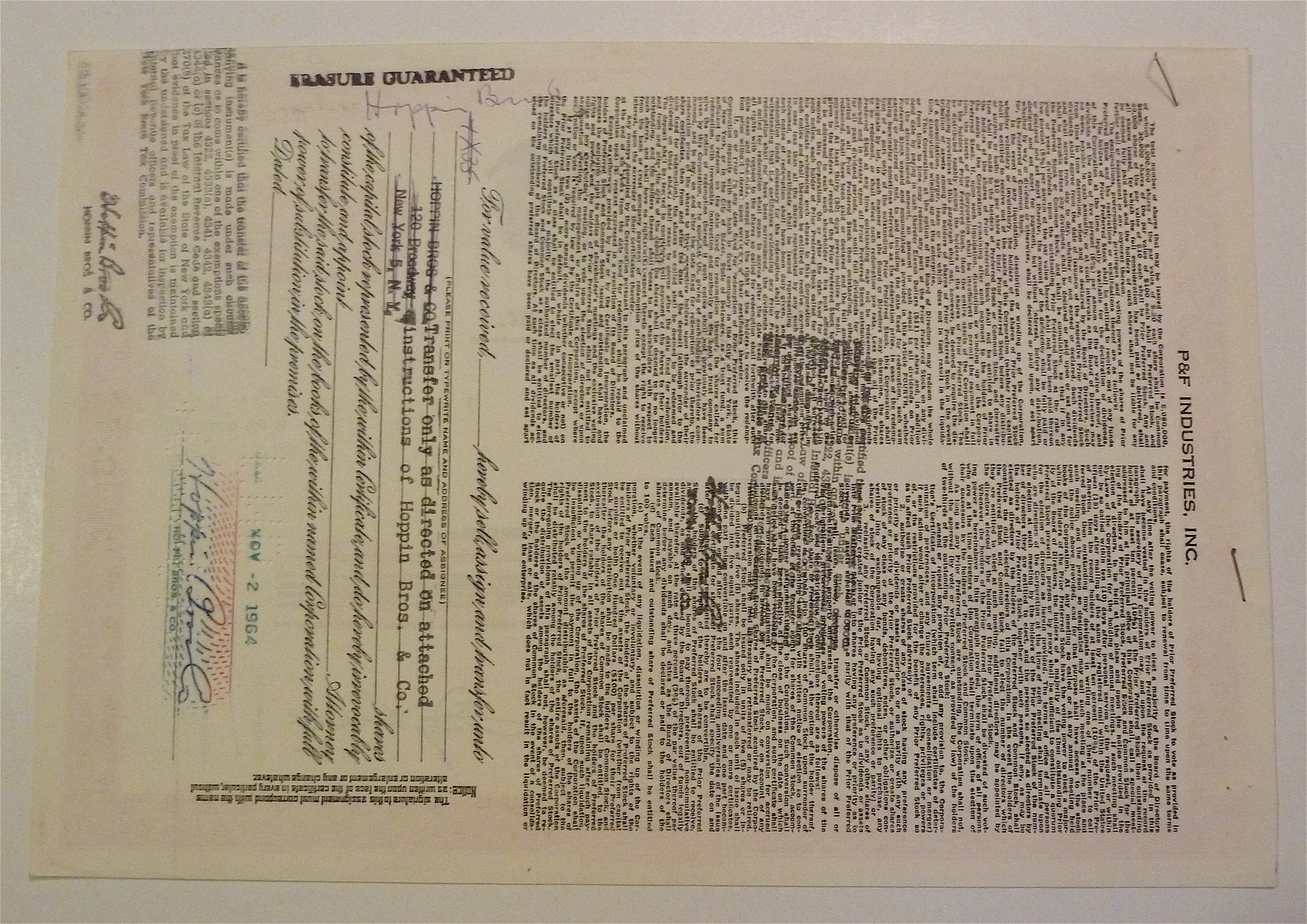 P & F Industries Inc. Stock Certificate