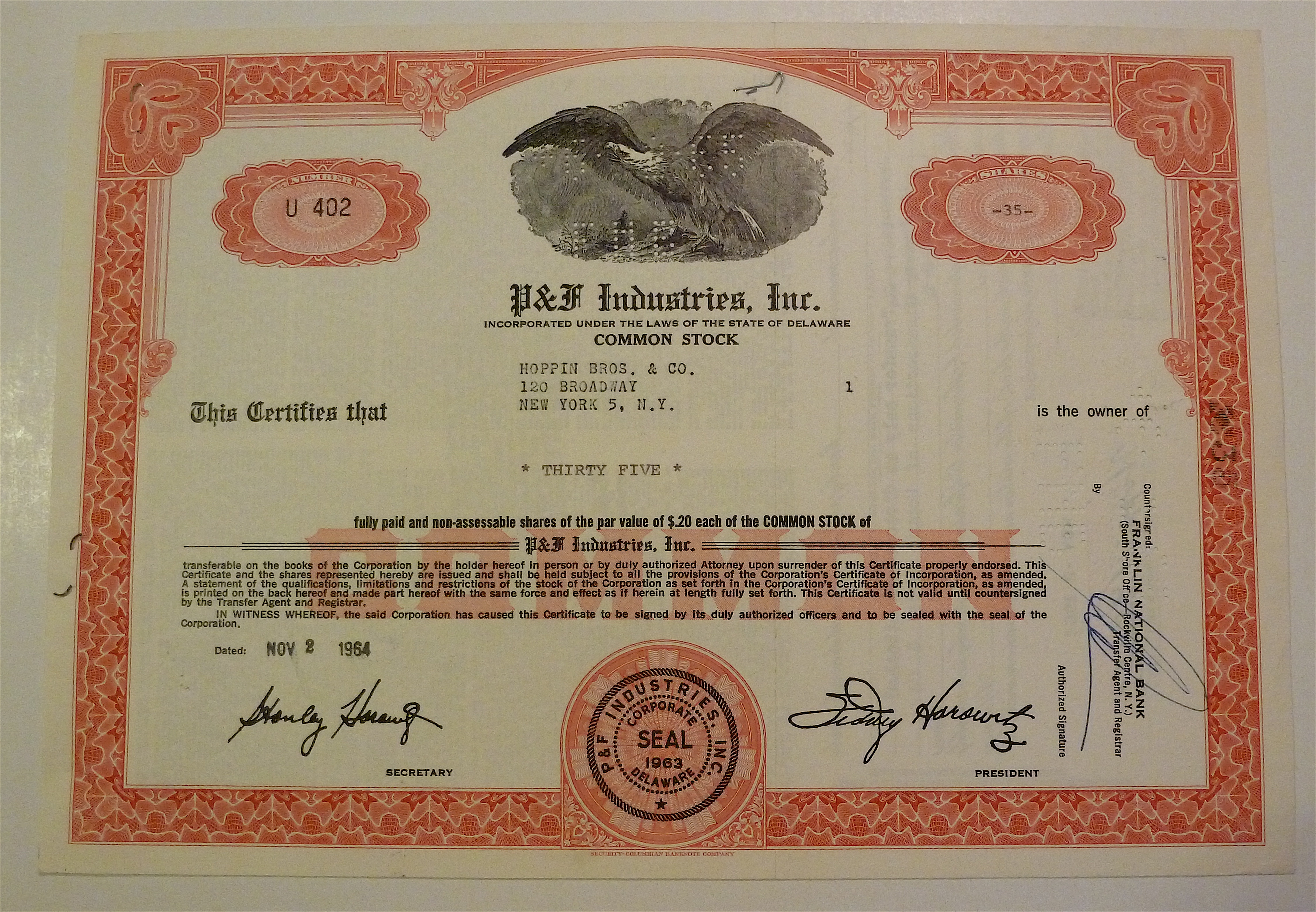 P & F Industries Inc. Stock Certificate