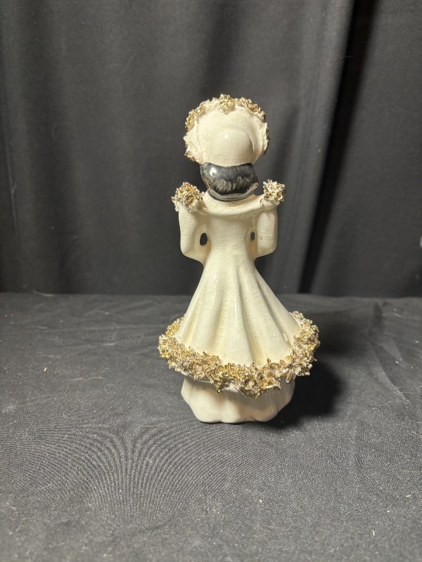 Vintage Spaghetti Trim Ceramic Southern Belle Lady Figurine Gold Accents 7 Inch