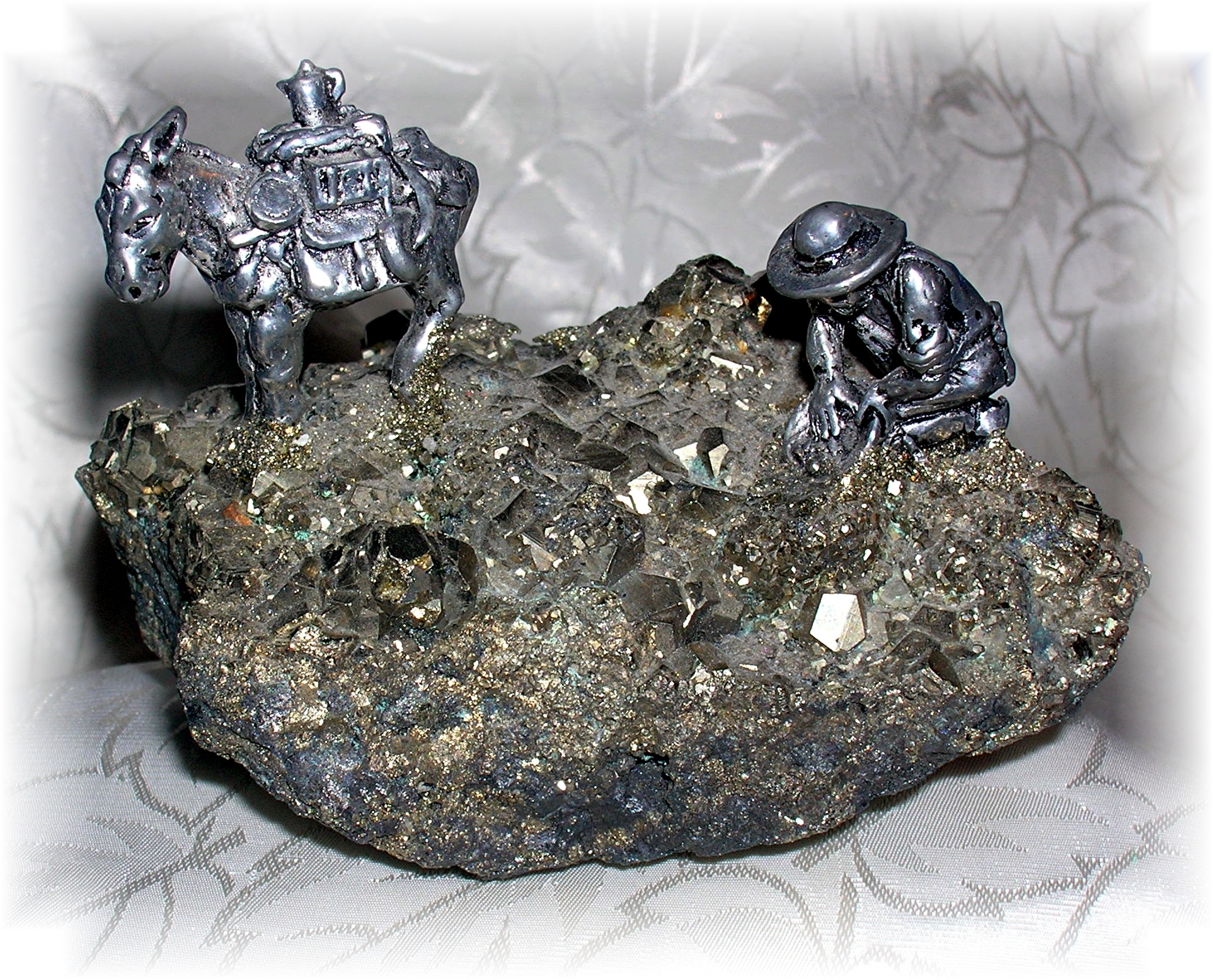 Pewter Donkey & Miner Natural Rock Ornamnent