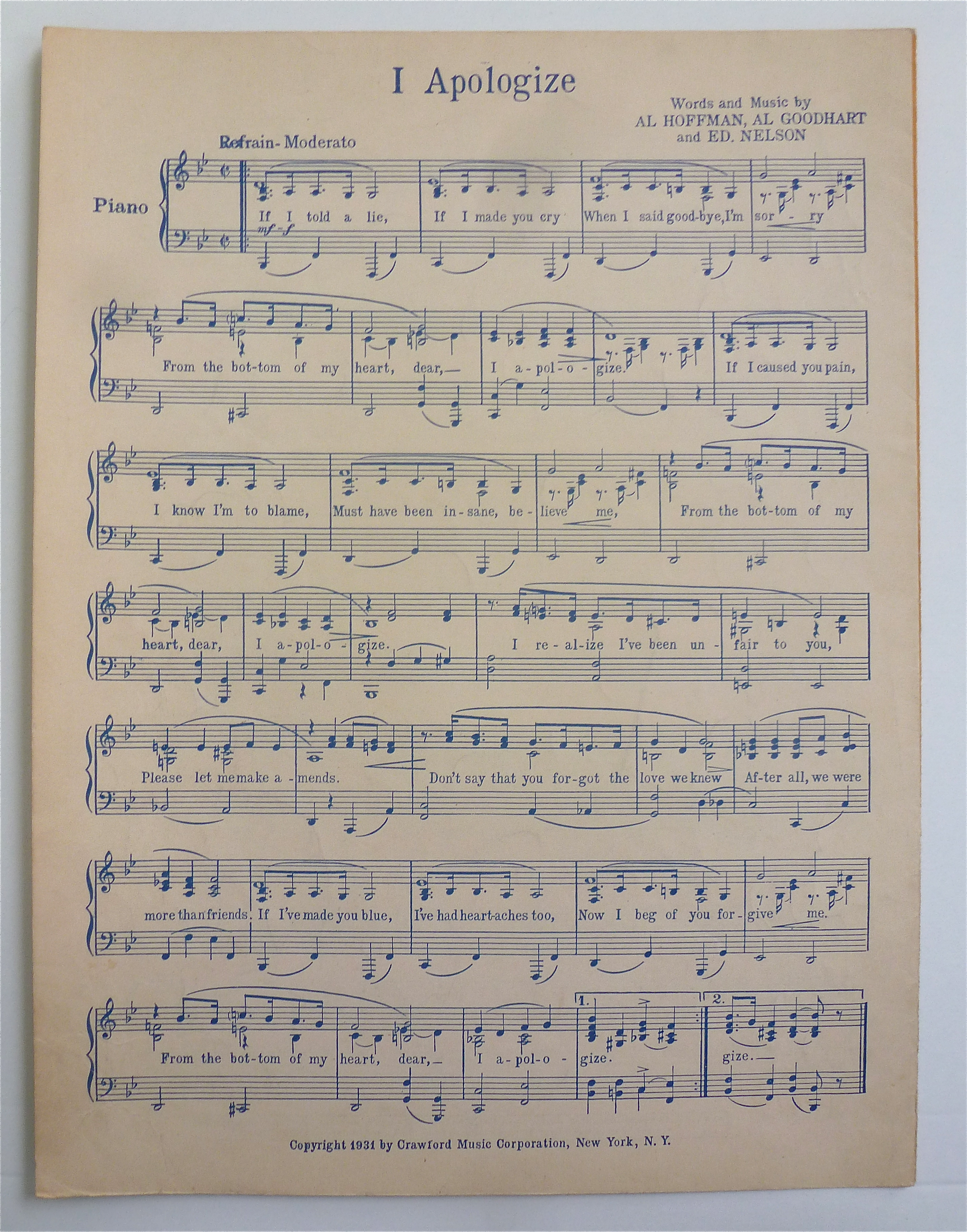 Sheet Music For 1931 I Apologize