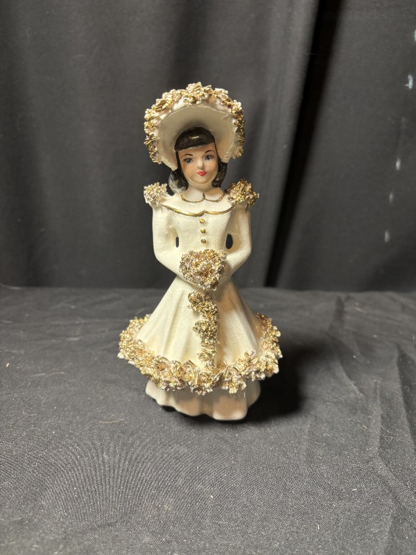 Vintage Spaghetti Trim Ceramic Southern Belle Lady Figurine Gold Accents 7 Inch