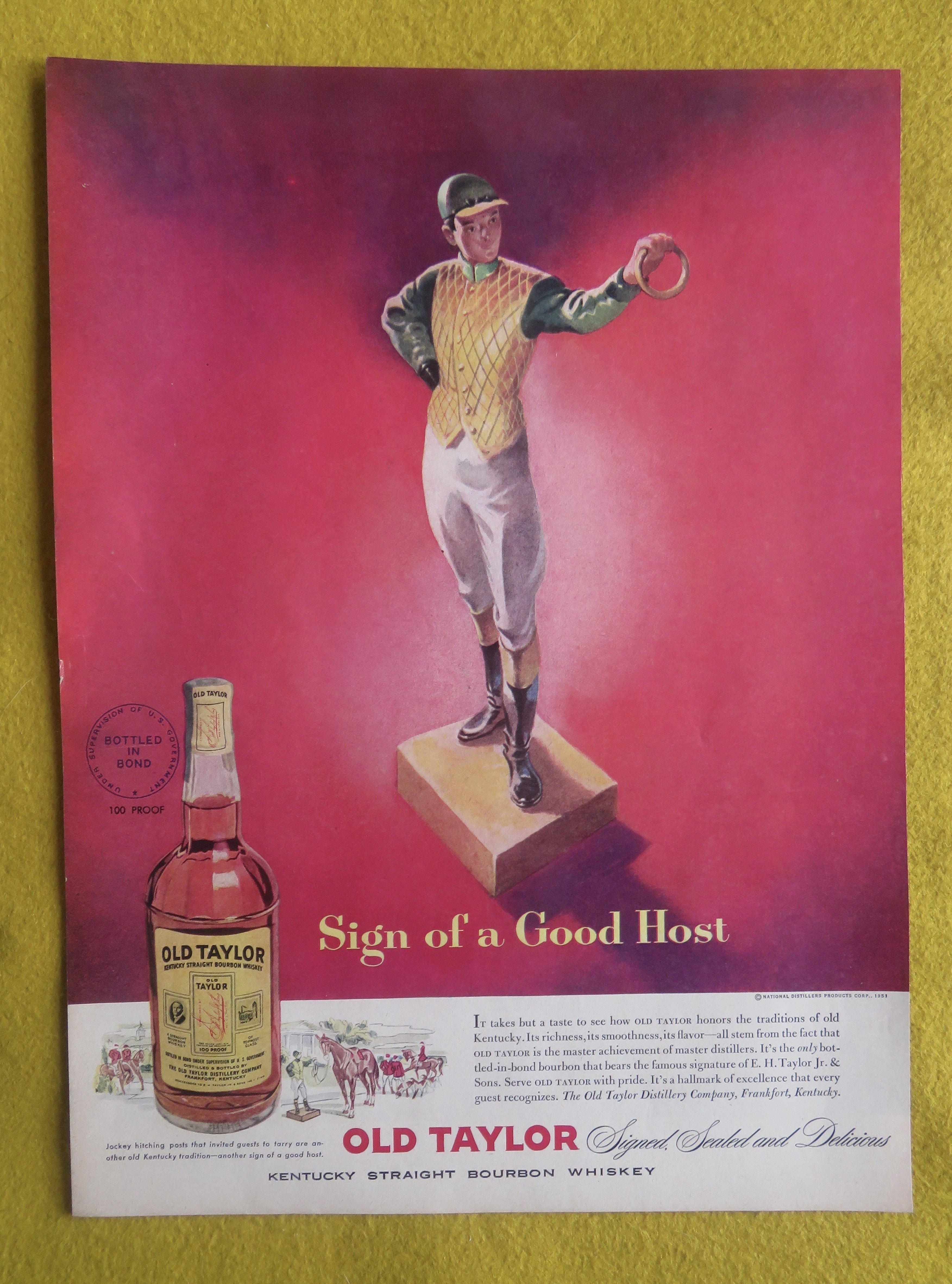 1951 Old Taylor Whiskey with Sign Of A Good Host