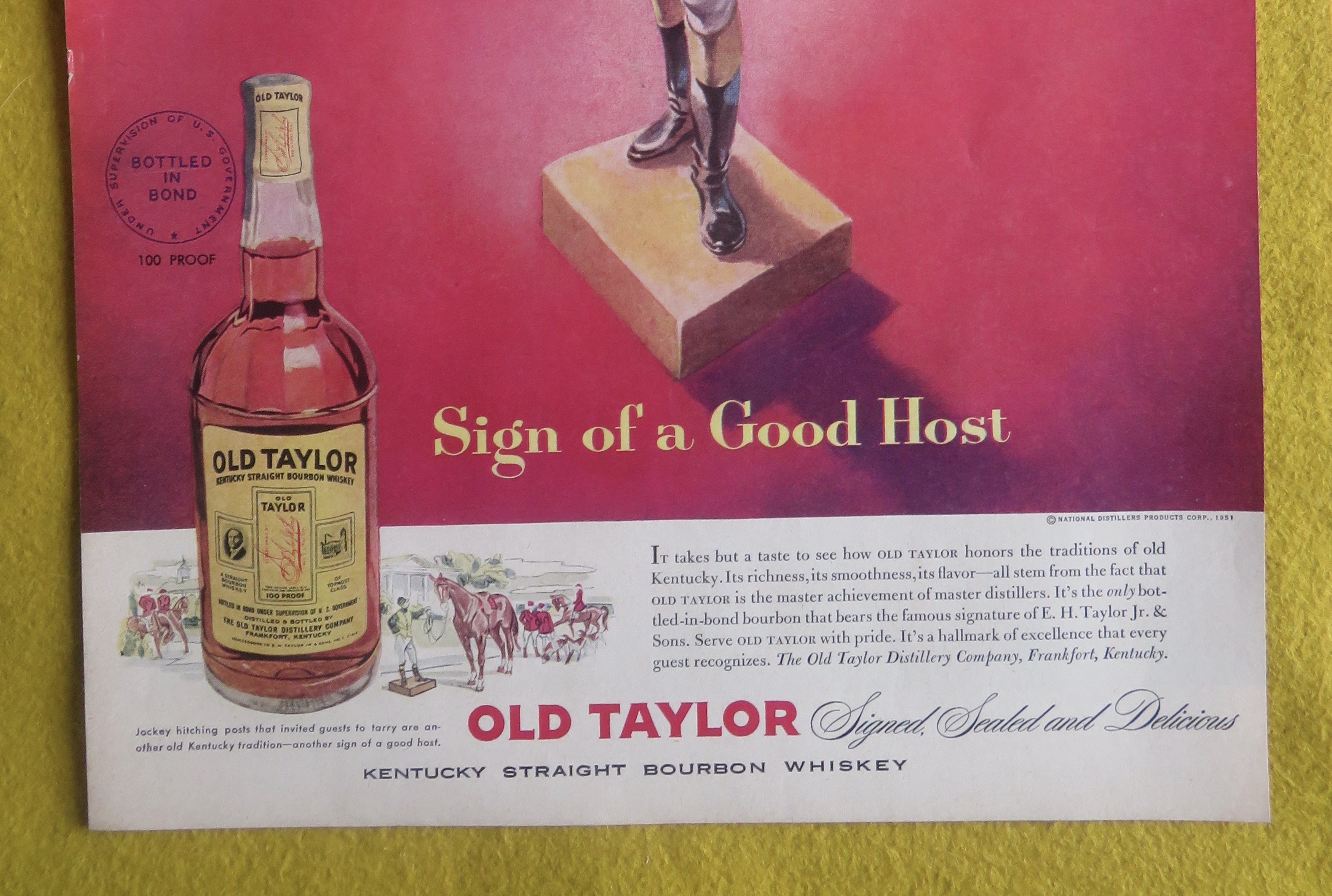 1951 Old Taylor Whiskey with Sign Of A Good Host