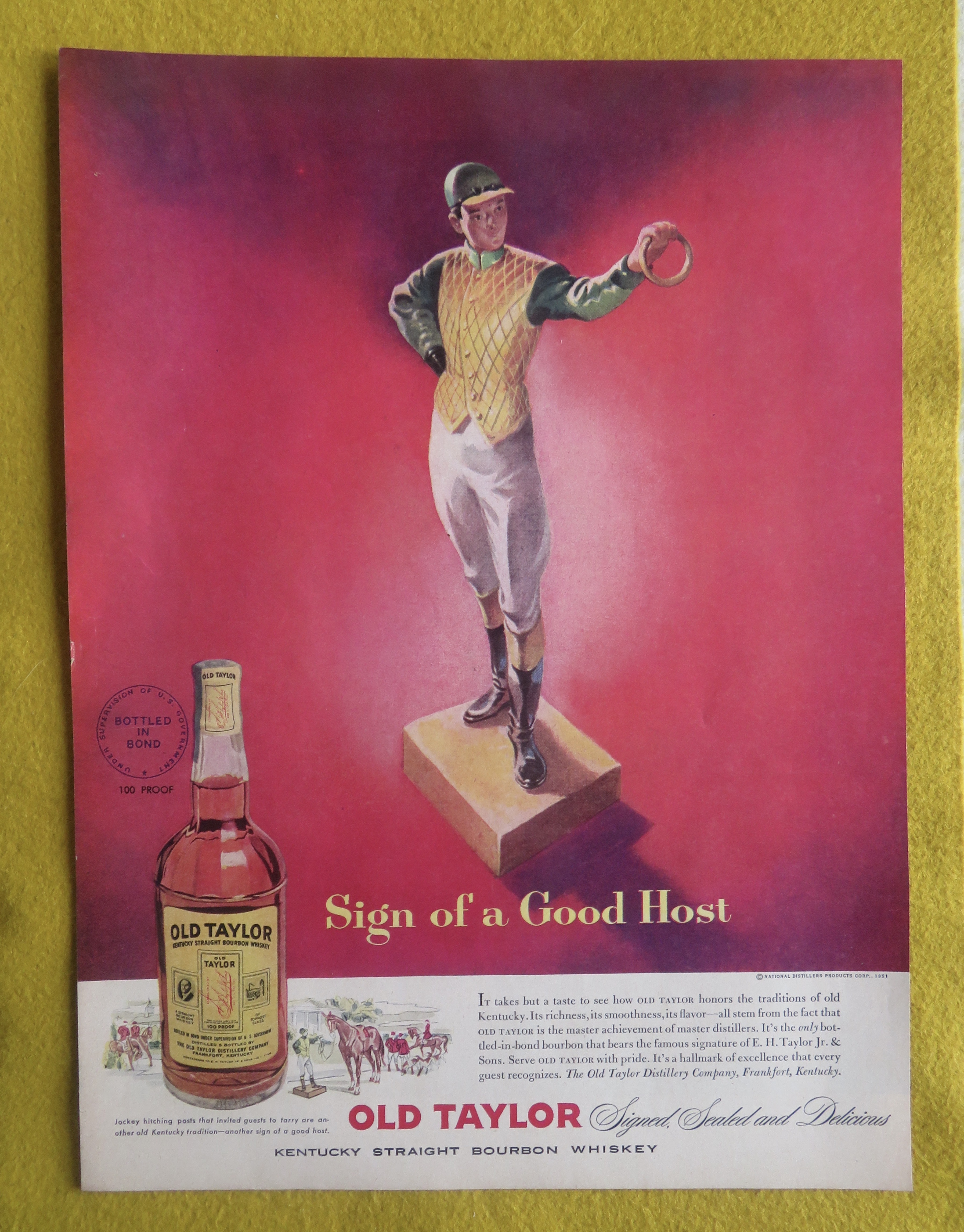 1951 Old Taylor Whiskey with Sign Of A Good Host