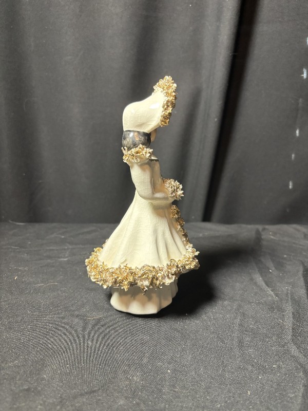 Vintage Spaghetti Trim Ceramic Southern Belle Lady Figurine Gold Accents 7 Inch