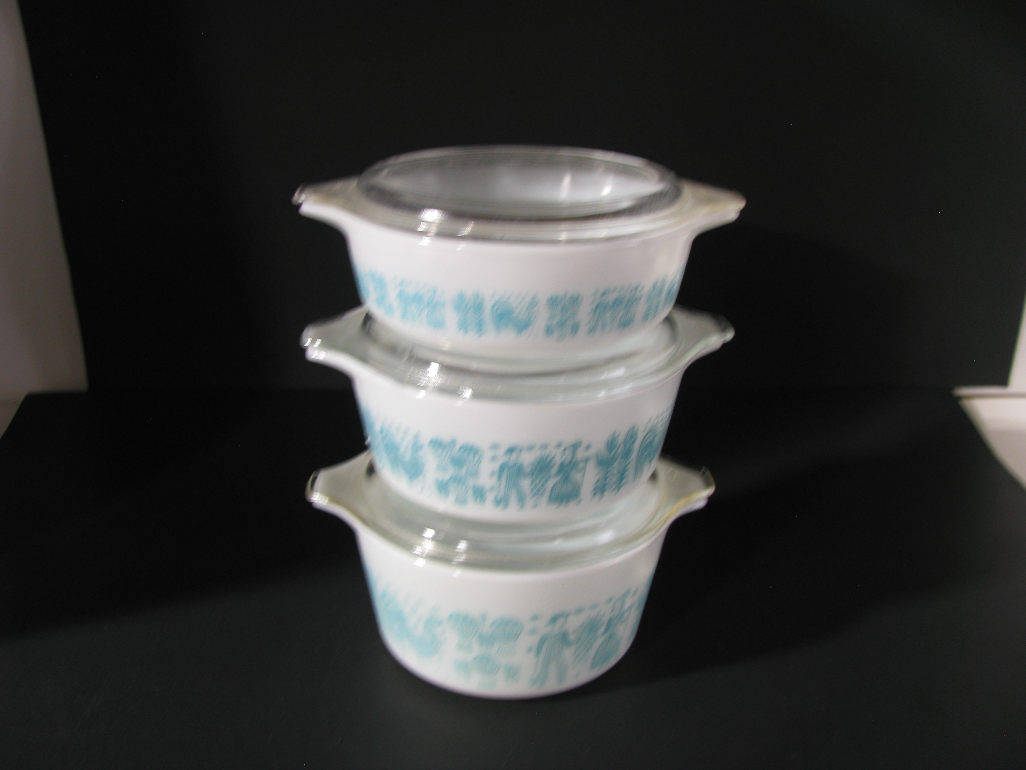 Pyrex Butter Print Turquoise on White Casserole Set
