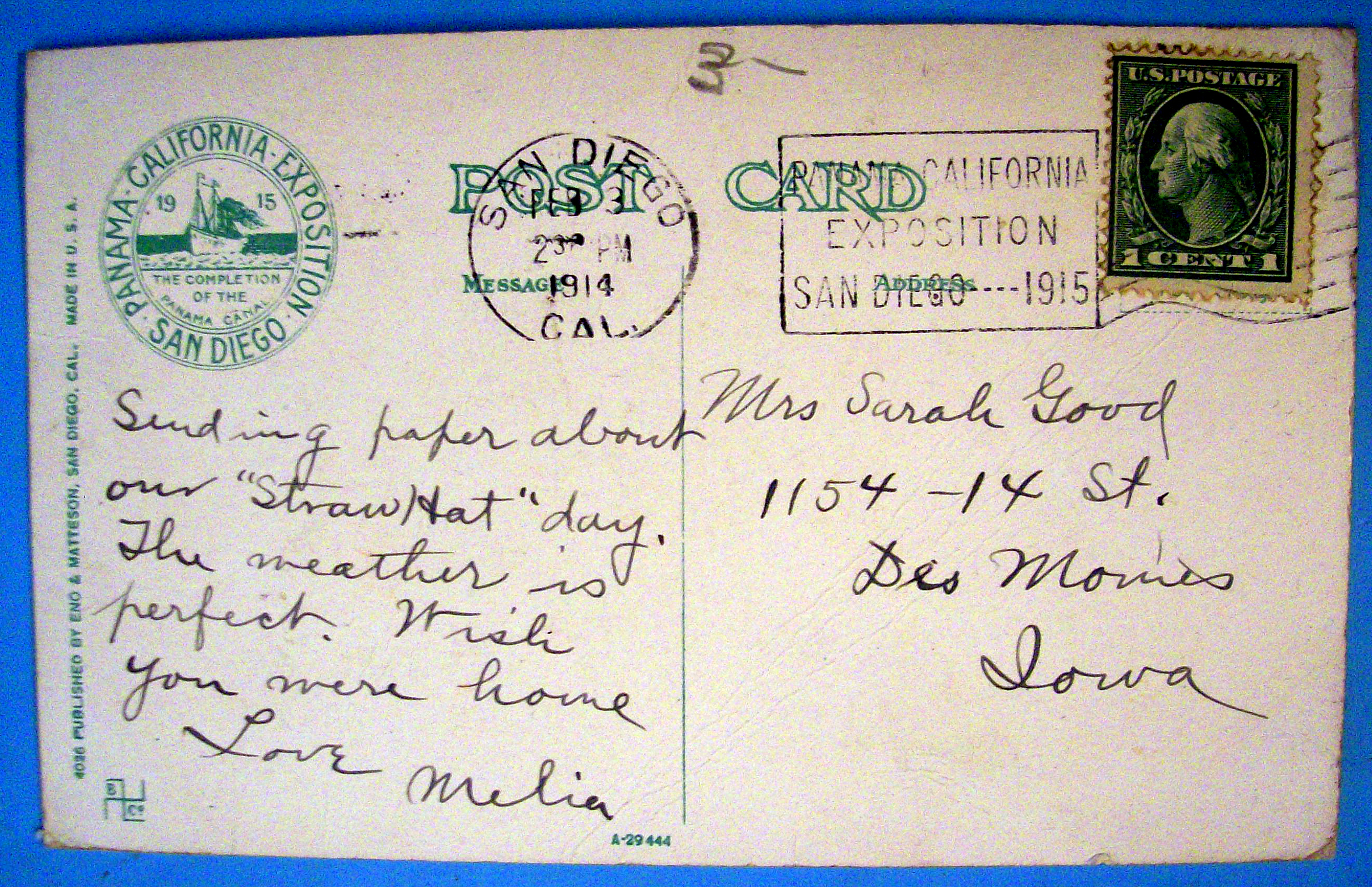 D Street & Plaza, San Diego, Cal. Postcard