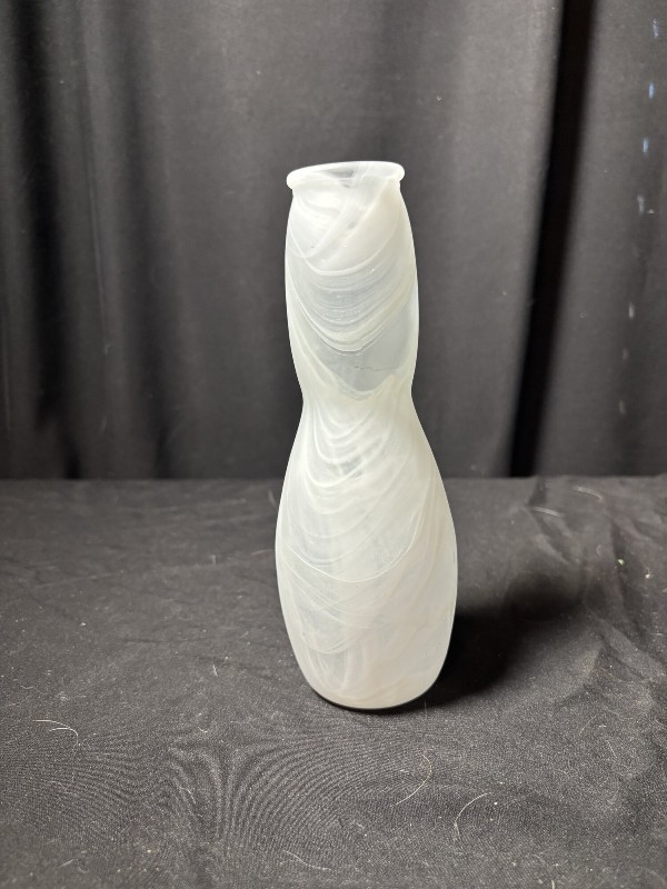 White Slag Glass Bowling Pin Vase 7.5" Mid Century Swirl Art Glass Glow