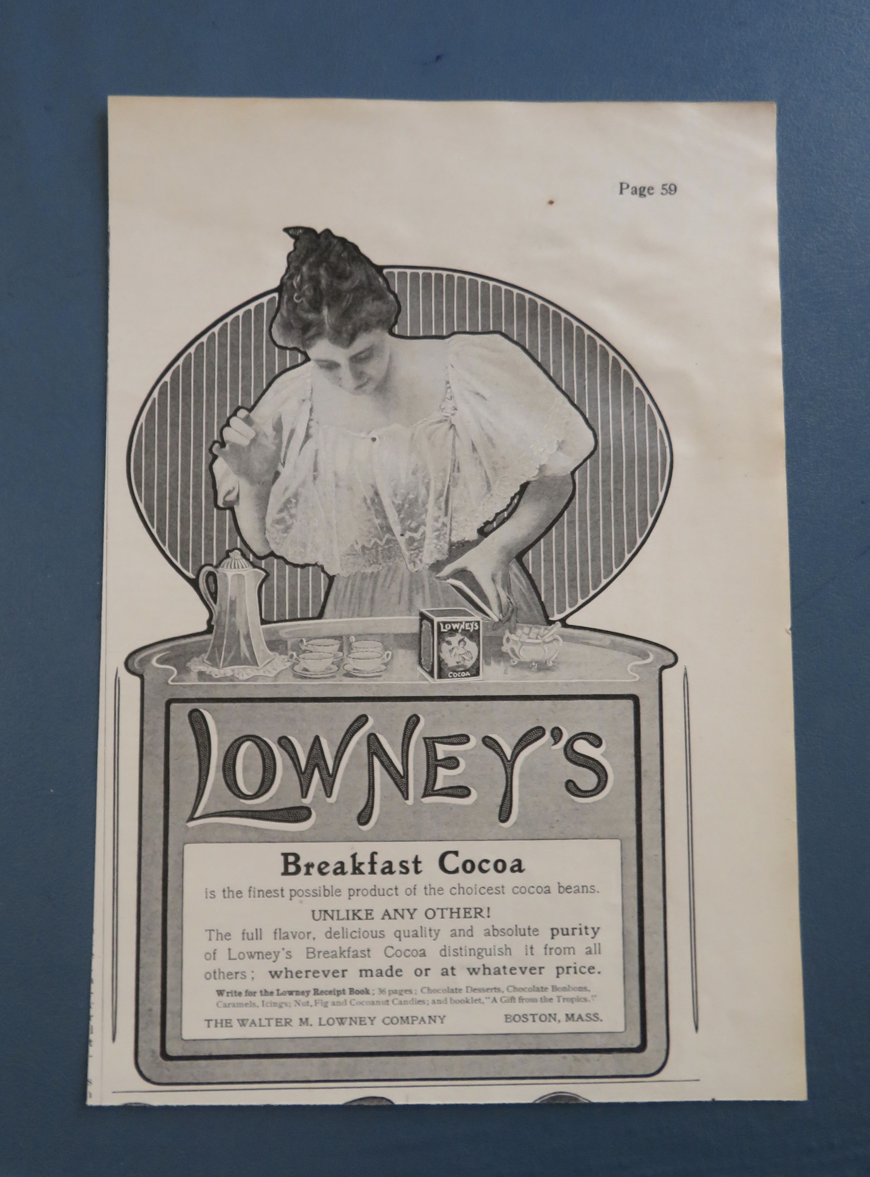 1905 Lowney's Breakfast Cocoa with Woman Making Cocoa