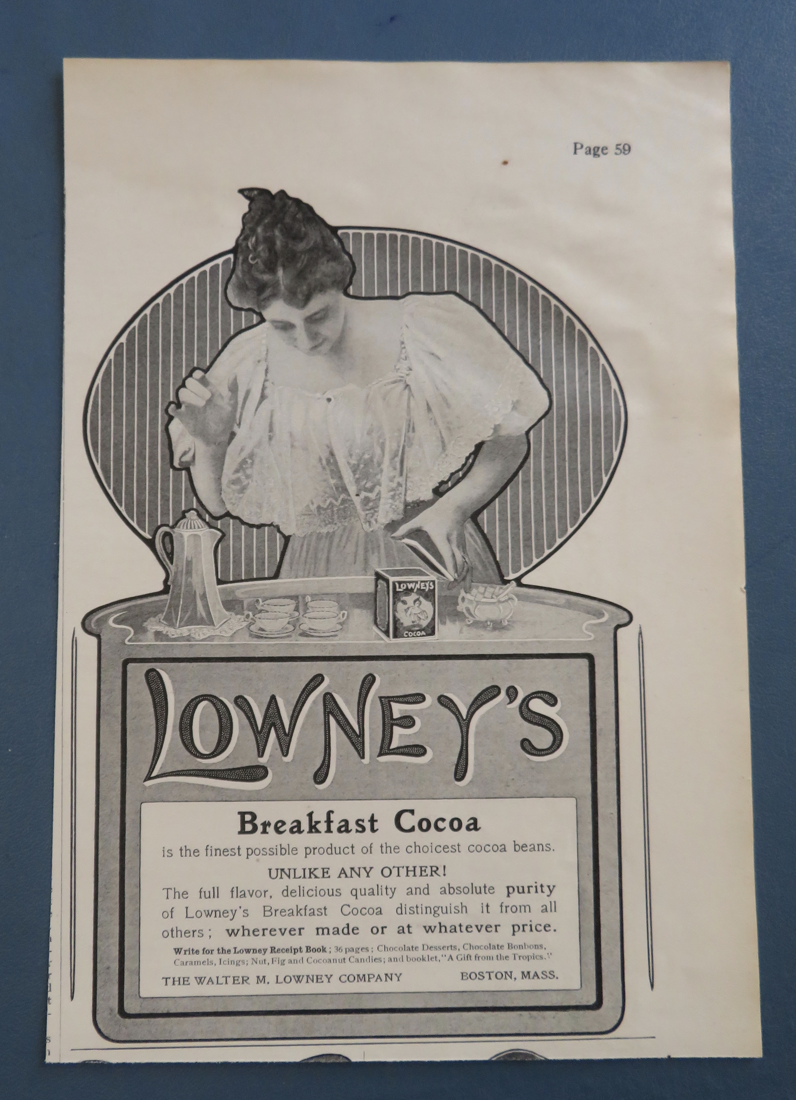 1905 Lowney's Breakfast Cocoa with Woman Making Cocoa