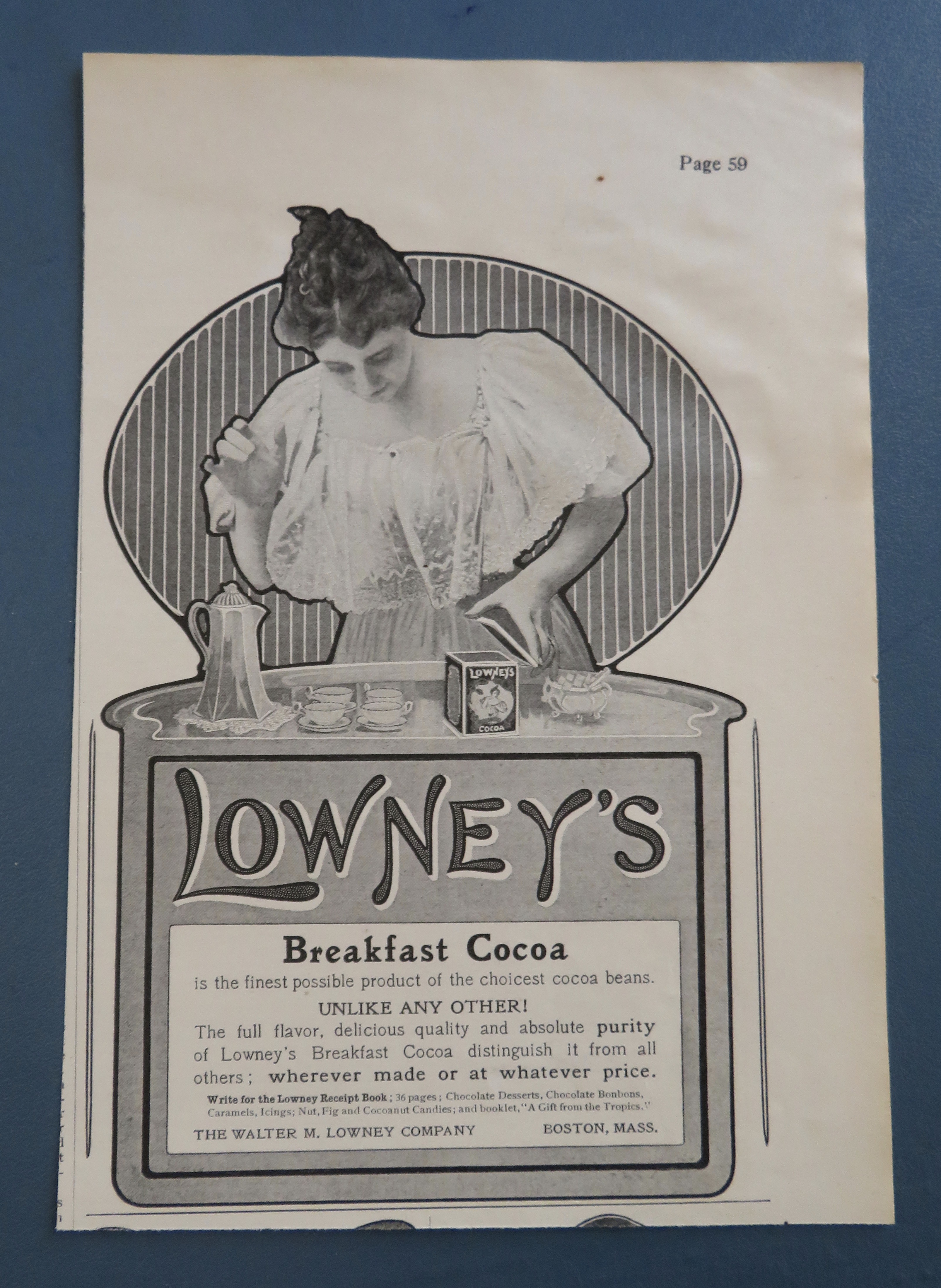 1905 Lowney's Breakfast Cocoa with Woman Making Cocoa