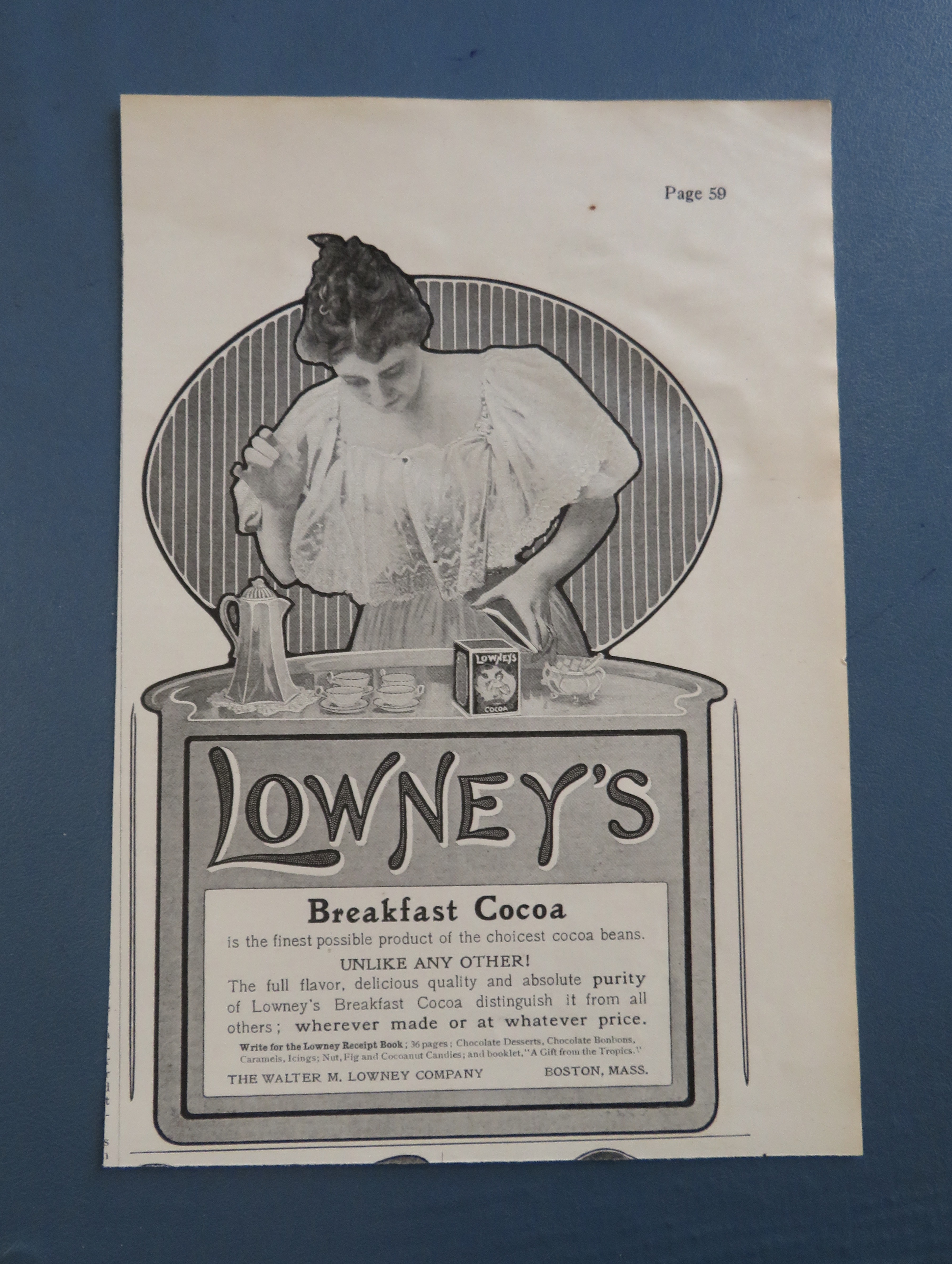 1905 Lowney's Breakfast Cocoa with Woman Making Cocoa