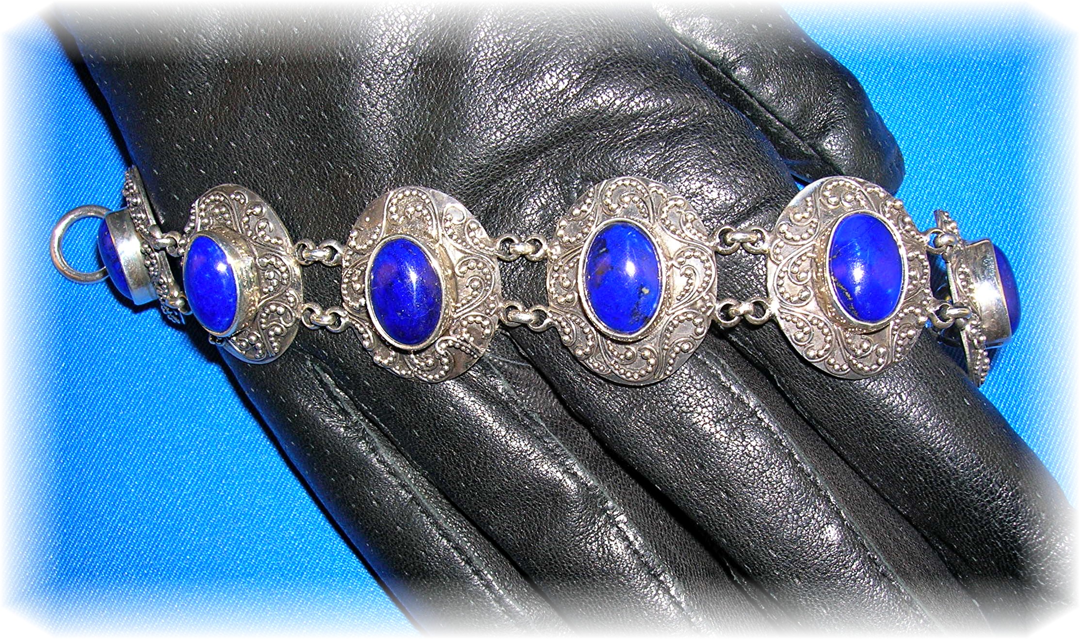 Sterling Silver  Lapis Ornate Toggle Clasp Bracelet