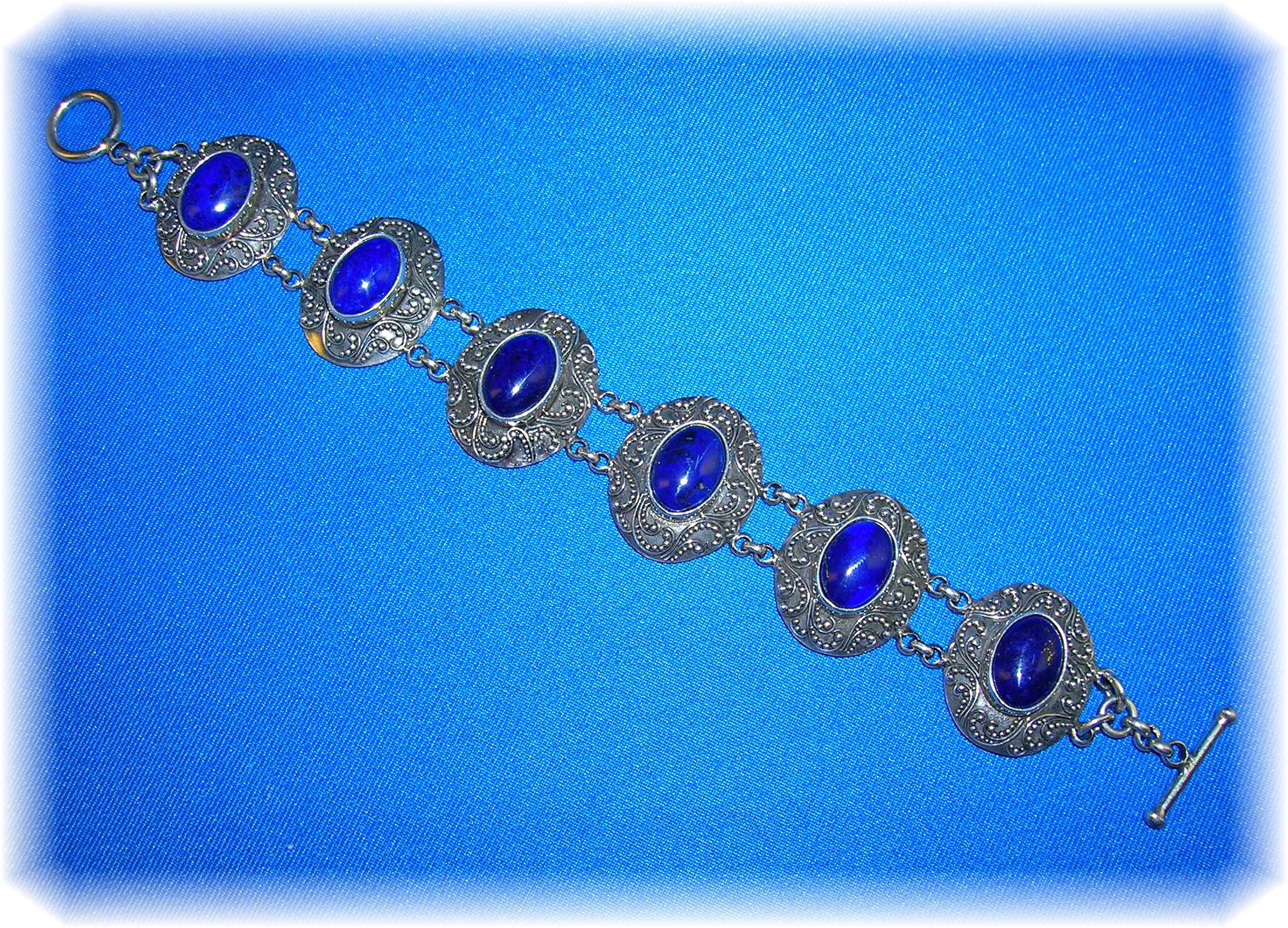 Sterling Silver  Lapis Ornate Toggle Clasp Bracelet