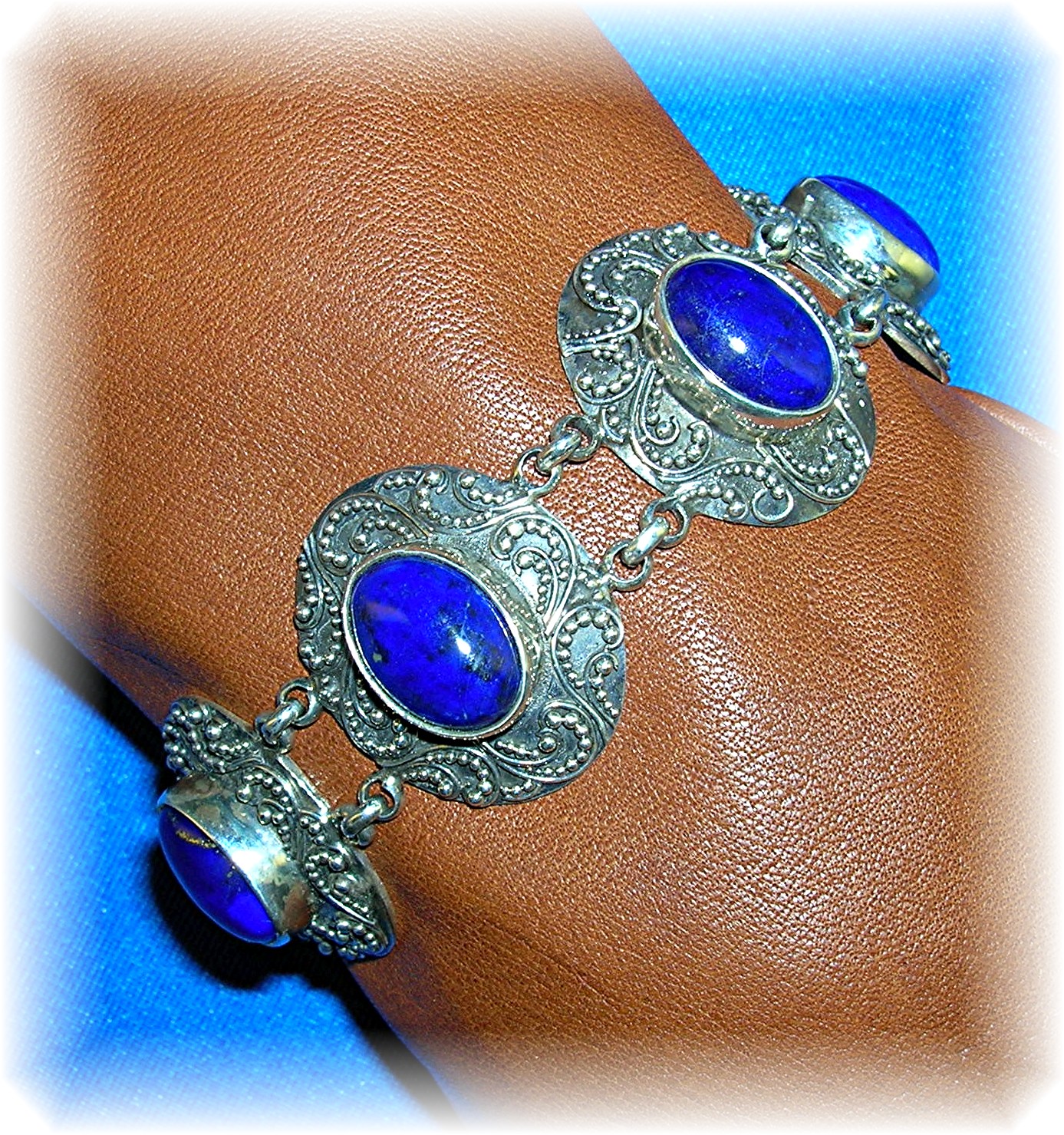 Sterling Silver  Lapis Ornate Toggle Clasp Bracelet