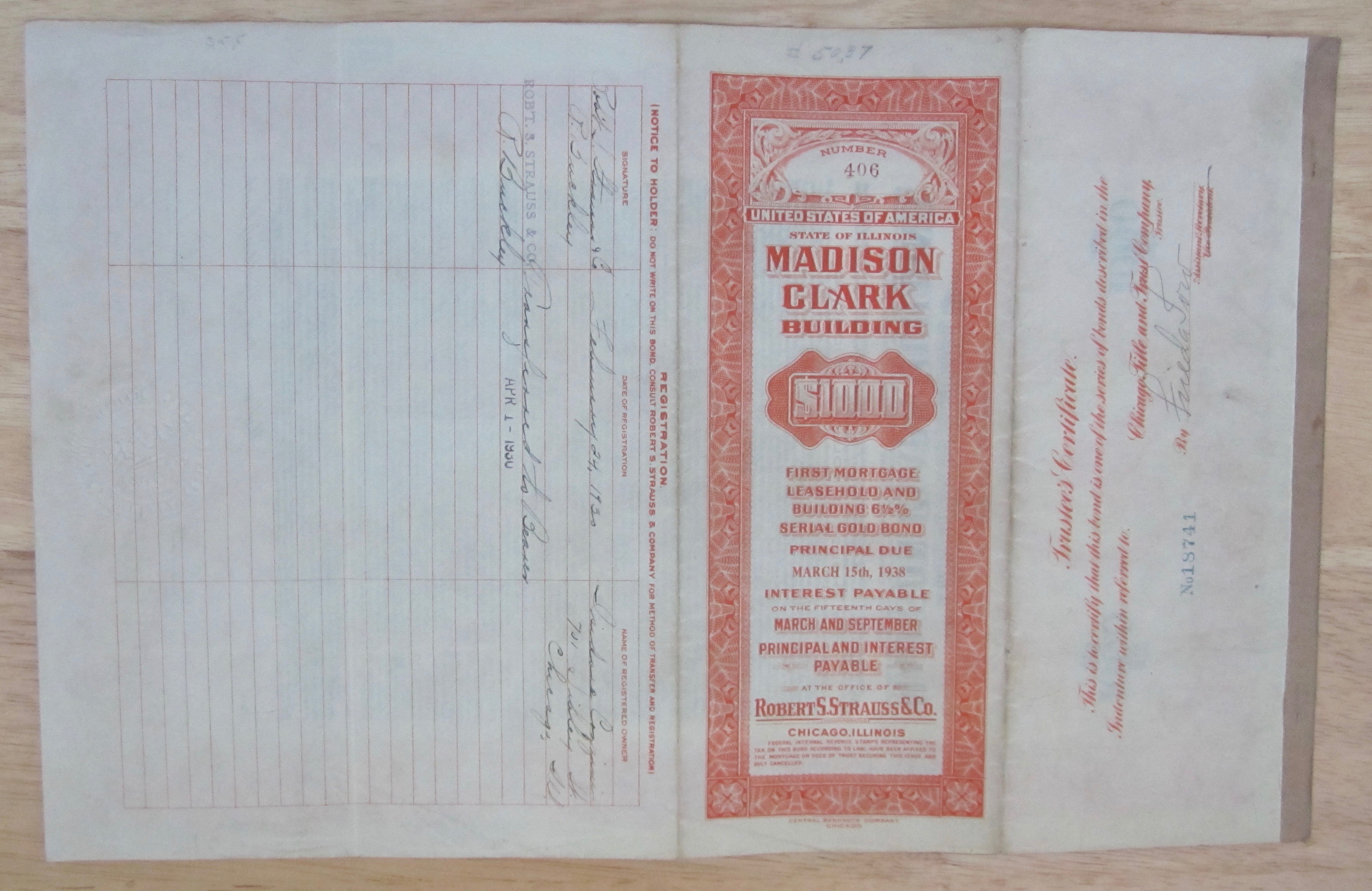 1938 Madison Clark Building Chicago $1000 Gold Note