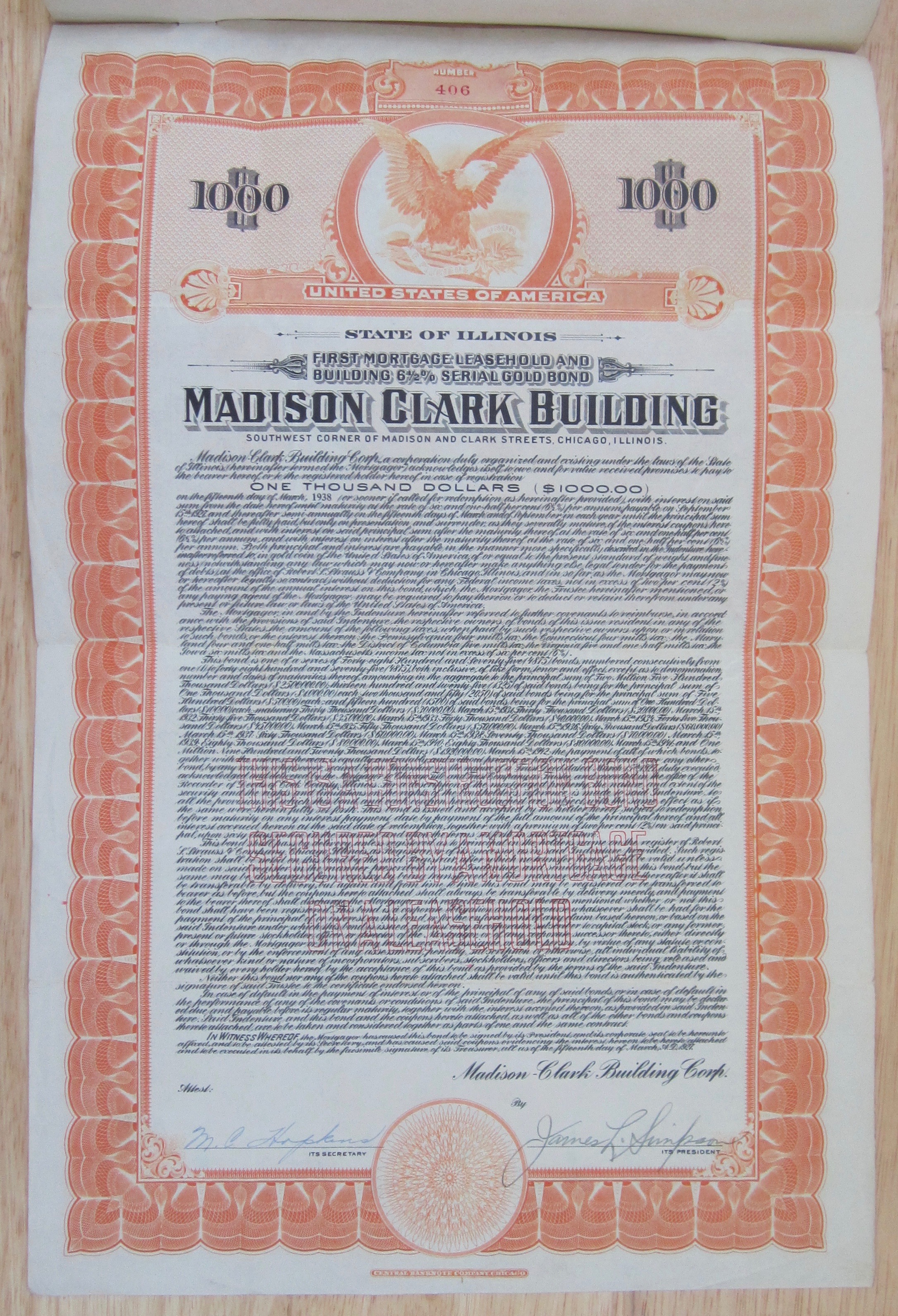 1938 Madison Clark Building Chicago $1000 Gold Note