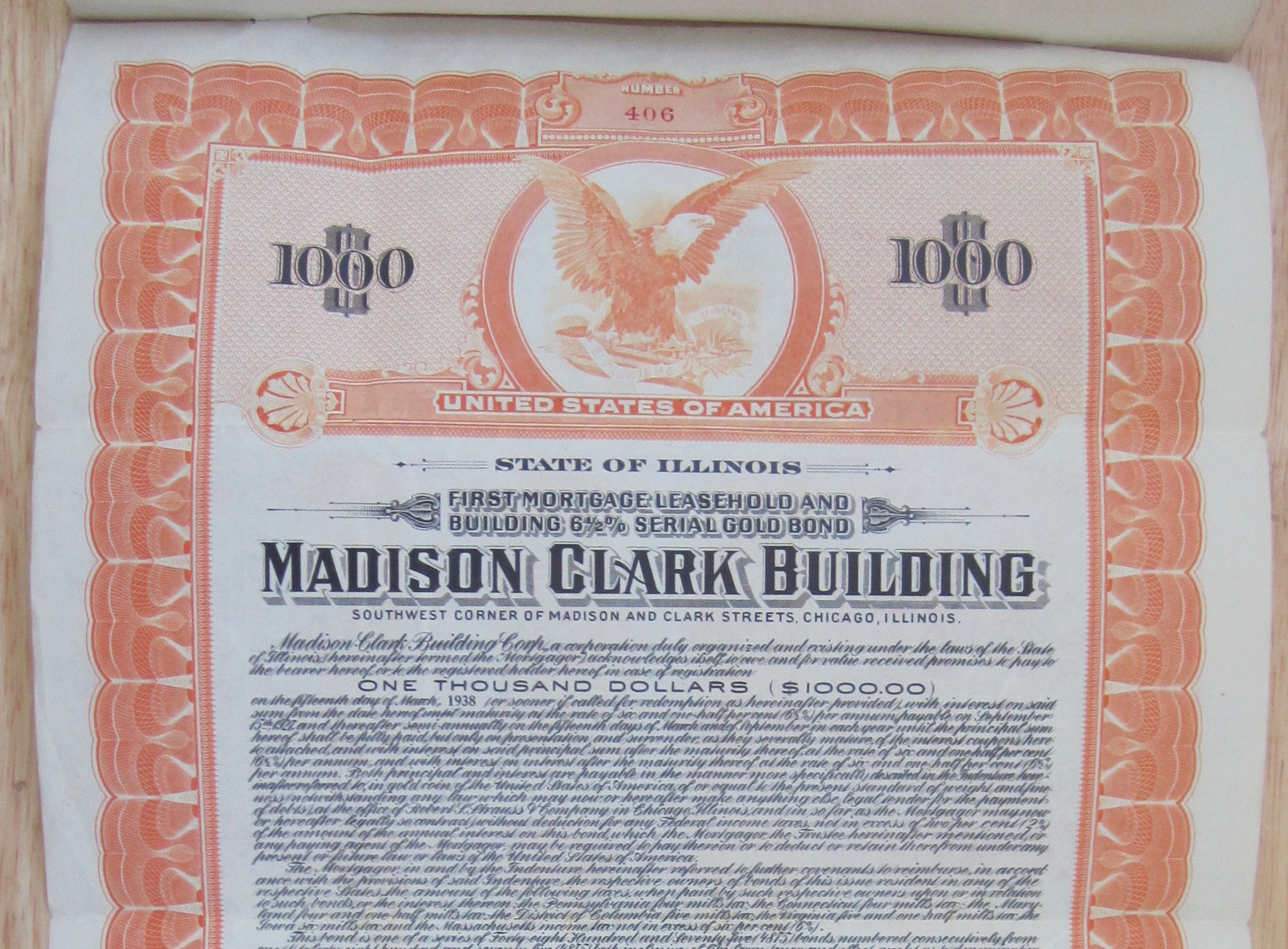 1938 Madison Clark Building Chicago $1000 Gold Note
