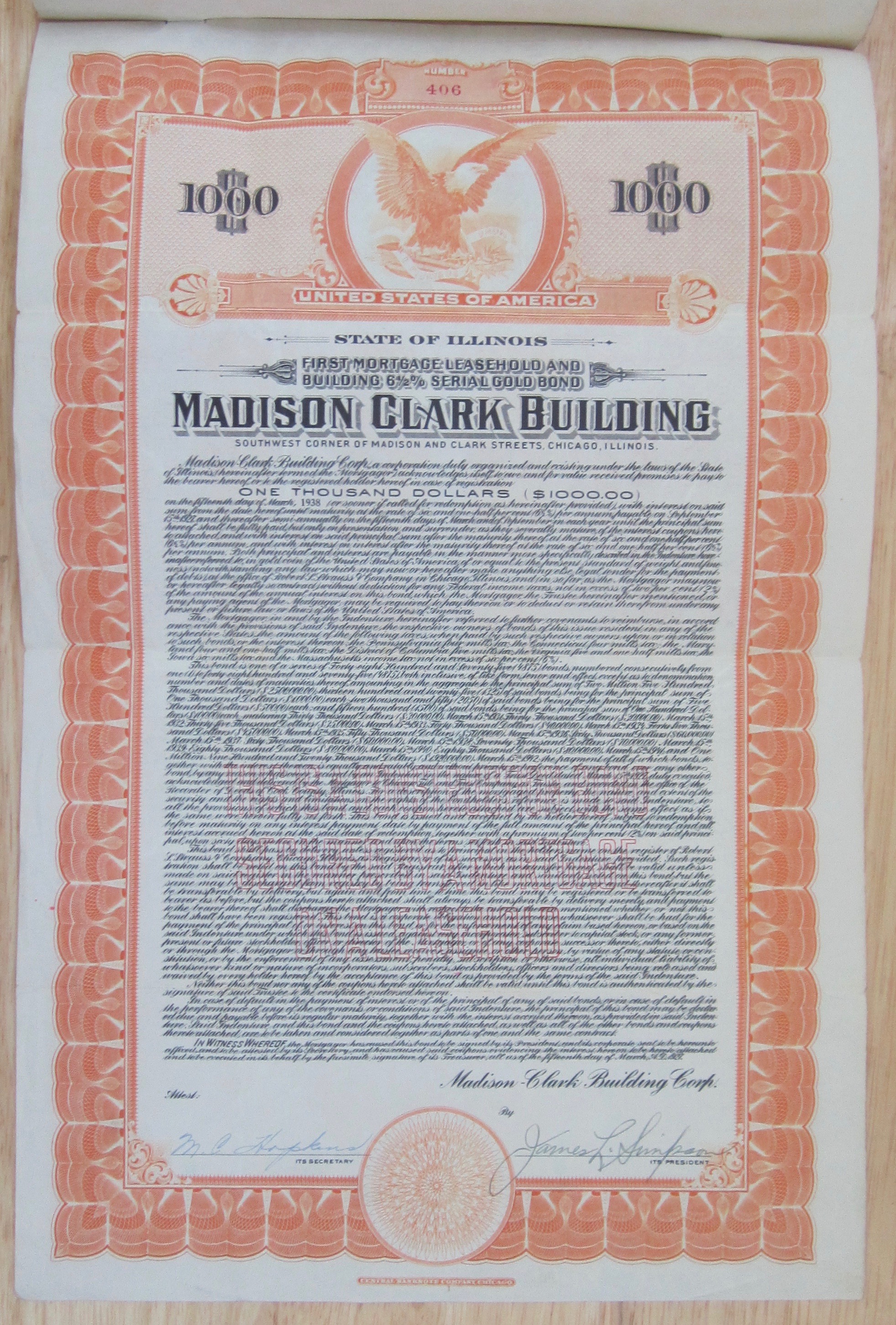 1938 Madison Clark Building Chicago $1000 Gold Note