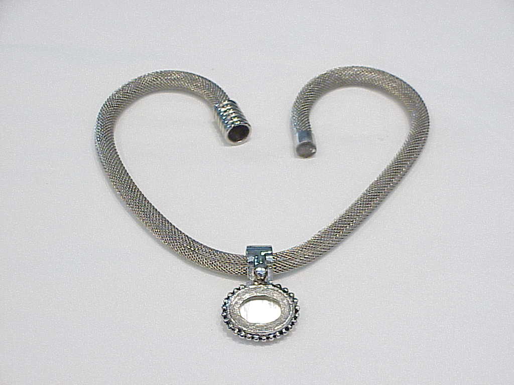 Silver Tone Mesh Necklace With Carved Pearl Flower Slide