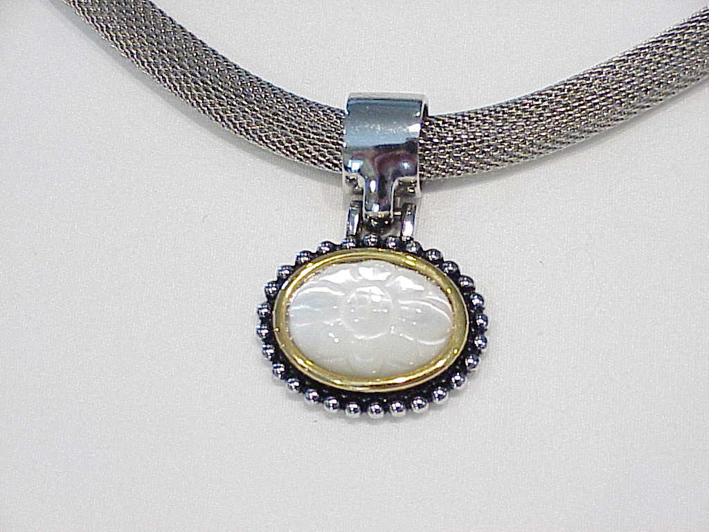 Silver Tone Mesh Necklace With Carved Pearl Flower Slide
