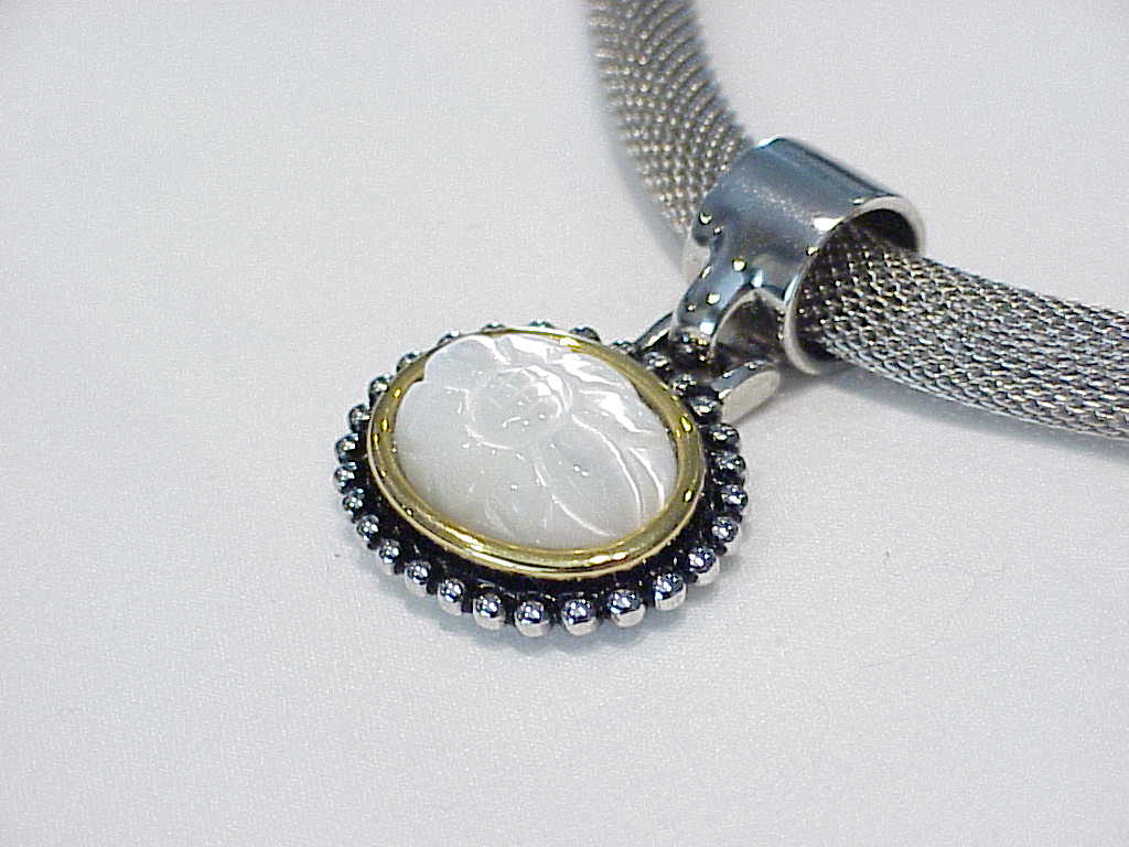 Silver Tone Mesh Necklace With Carved Pearl Flower Slide