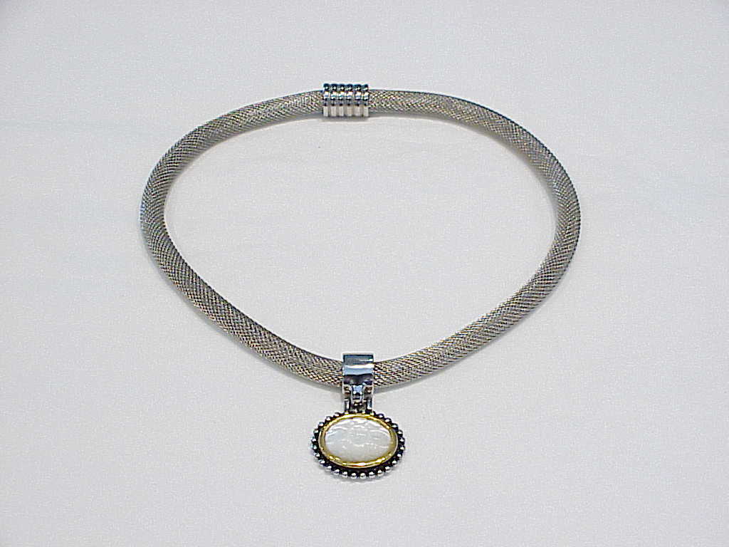 Silver Tone Mesh Necklace With Carved Pearl Flower Slide