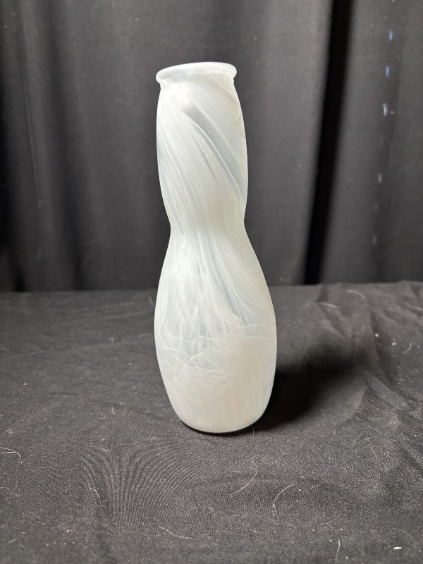 White Slag Glass Bowling Pin Vase 7.5" Mid Century Swirl Art Glass Glow