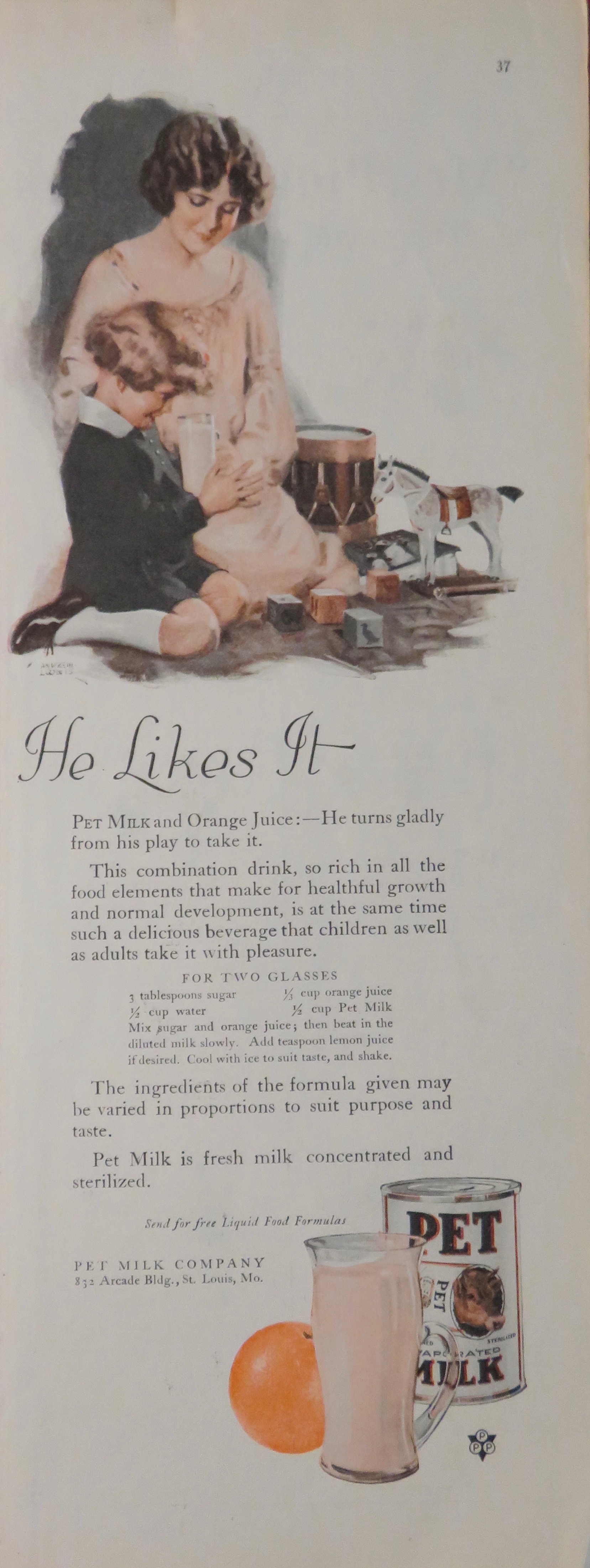 1924 Pet Milk with Woman Giving Child A Glass To Drink