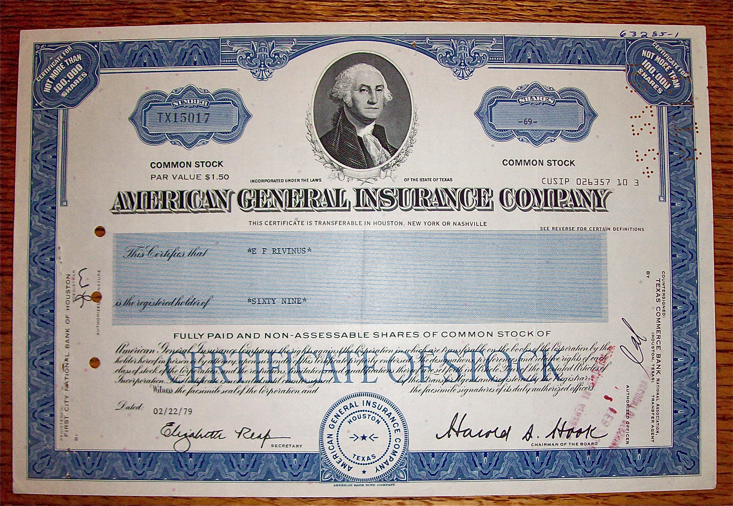 1979 American General Insurance Company Stock