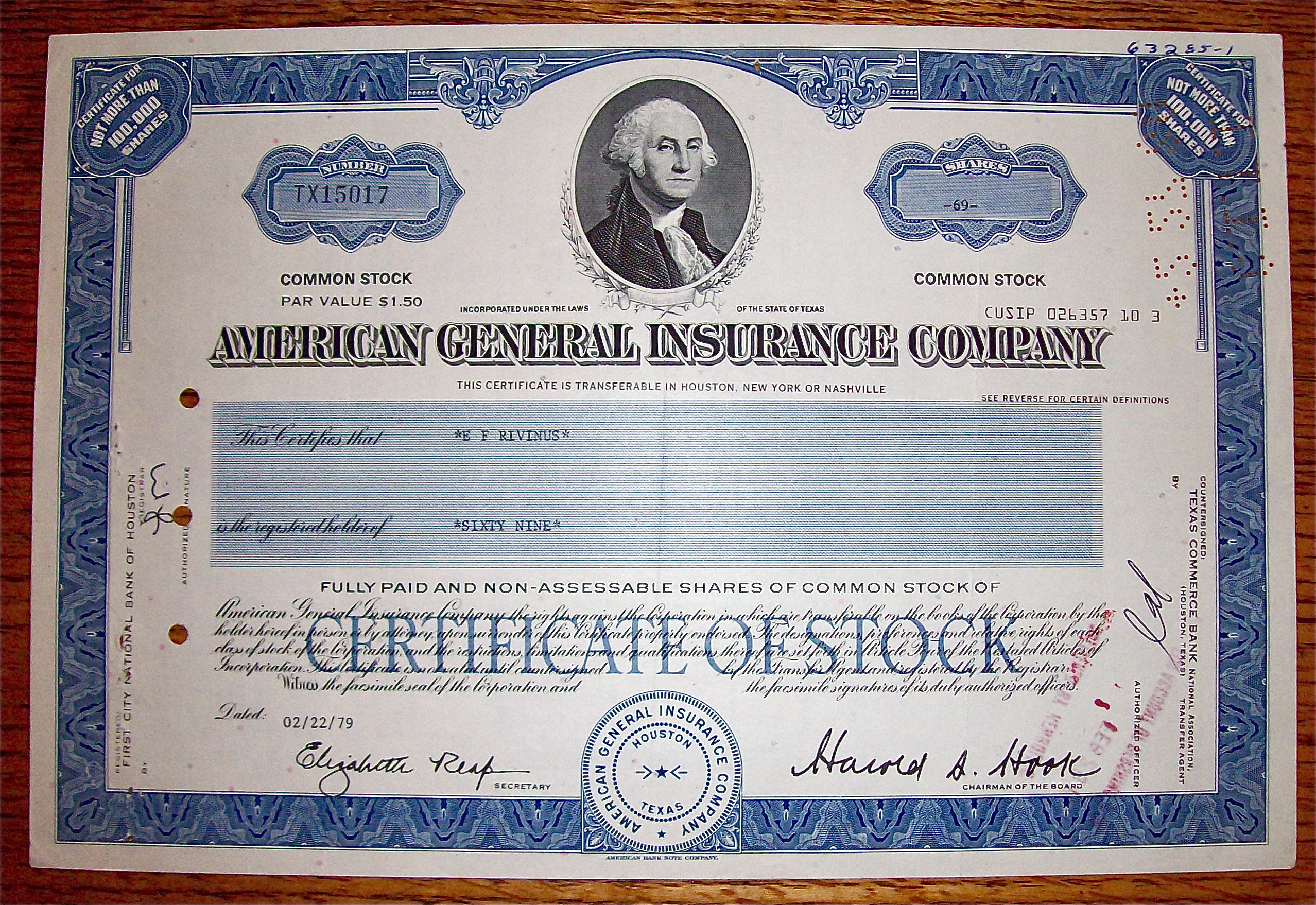 1979 American General Insurance Company Stock