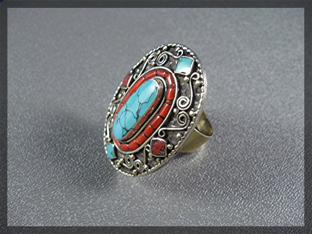 Silver Coral Turquoise Antique Ring From Nepal