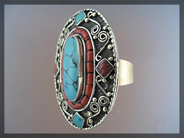 Silver Coral Turquoise Antique Ring From Nepal