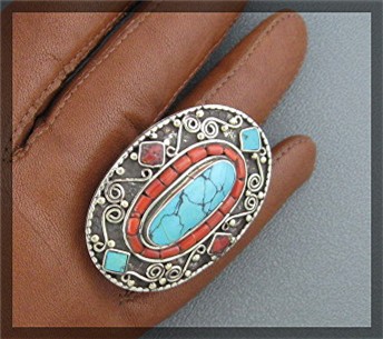 Silver Coral Turquoise Antique Ring From Nepal