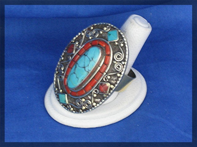 Silver Coral Turquoise Antique Ring From Nepal
