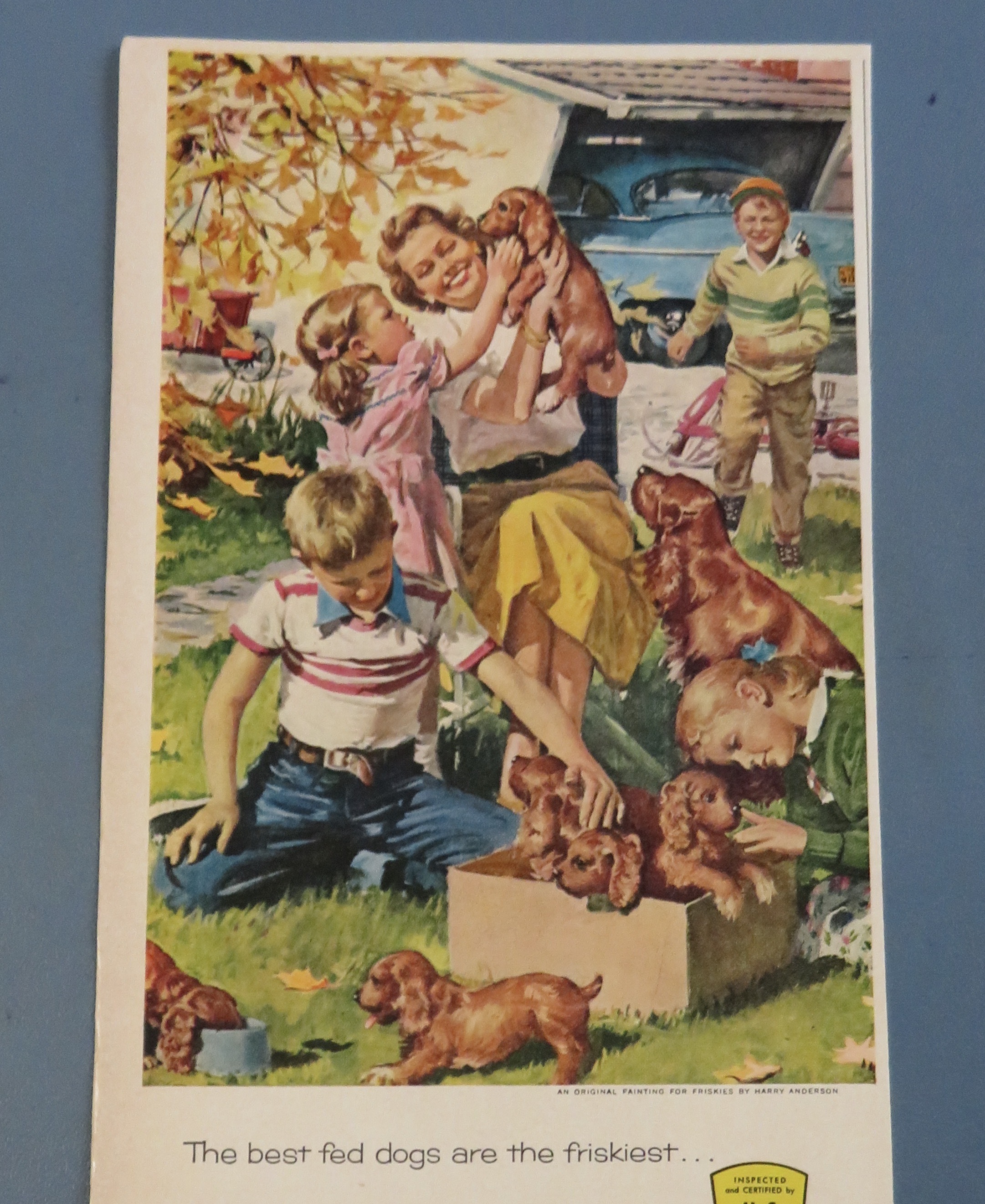 1955 Friskies Dog Food w/ People & Puppies By Anderson