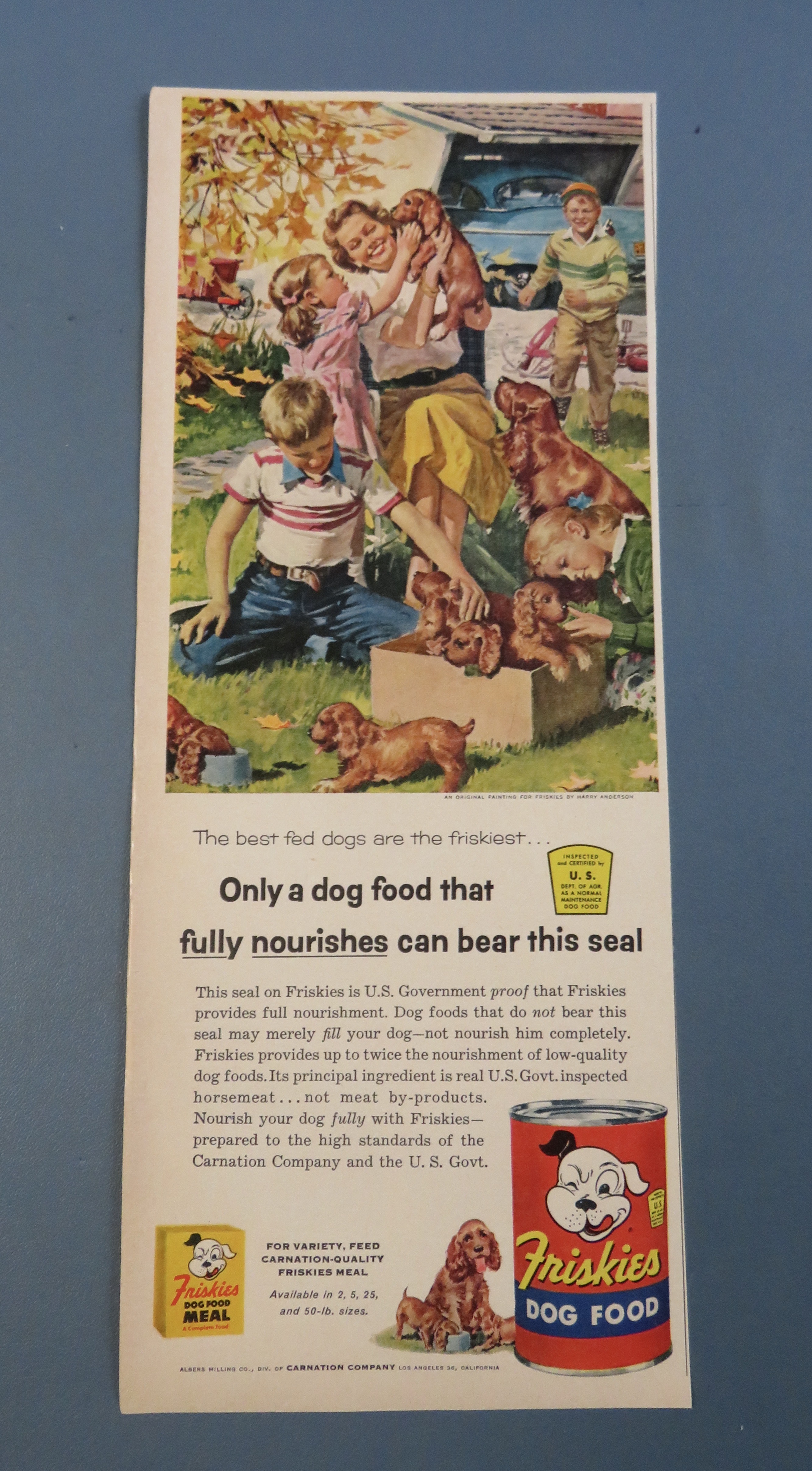 1955 Friskies Dog Food w/ People & Puppies By Anderson