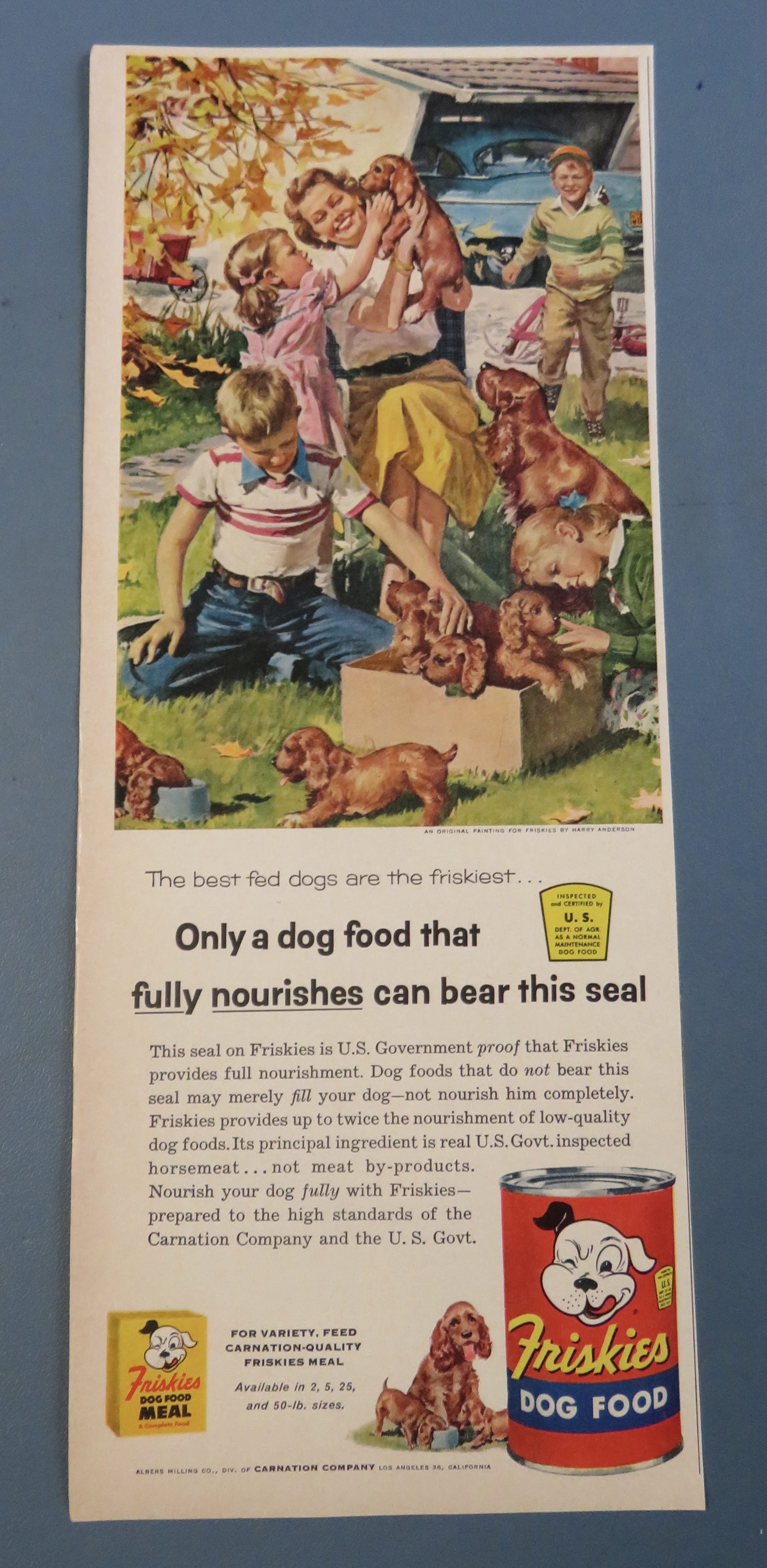 1955 Friskies Dog Food w/ People & Puppies By Anderson