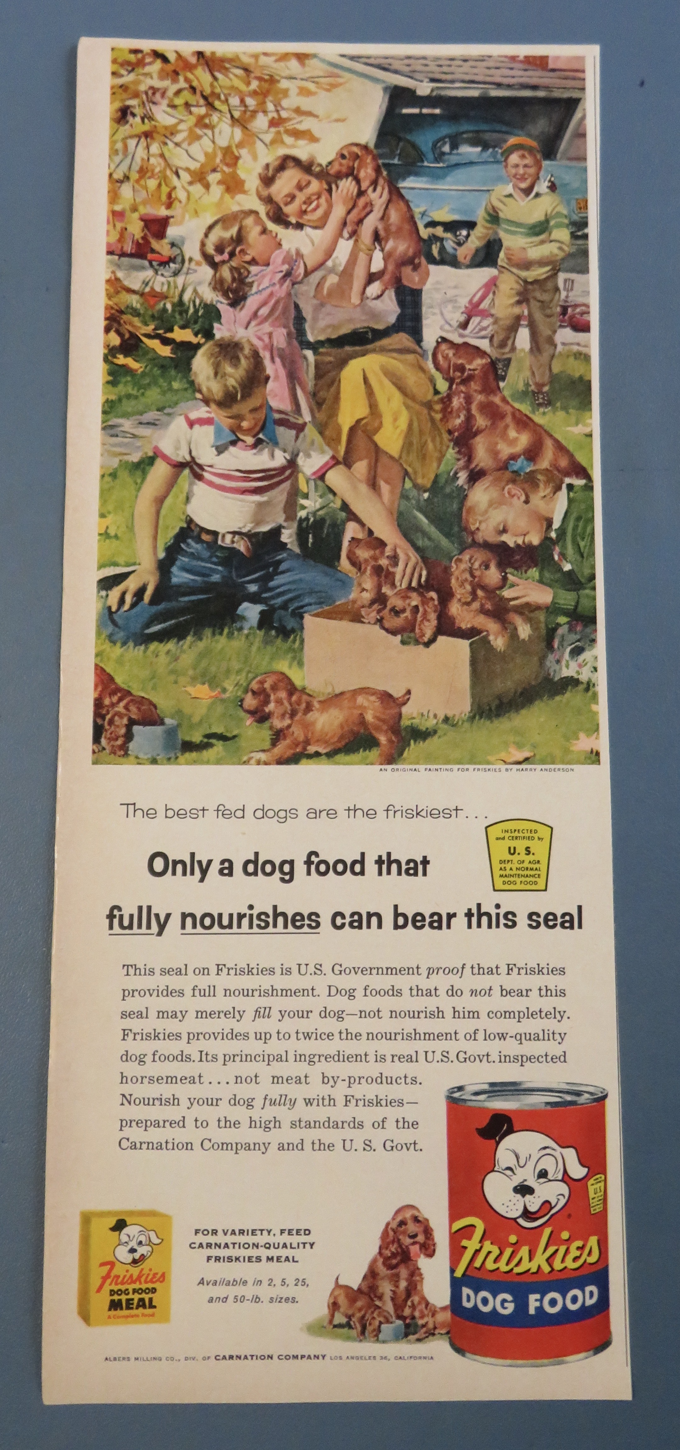 1955 Friskies Dog Food w/ People & Puppies By Anderson