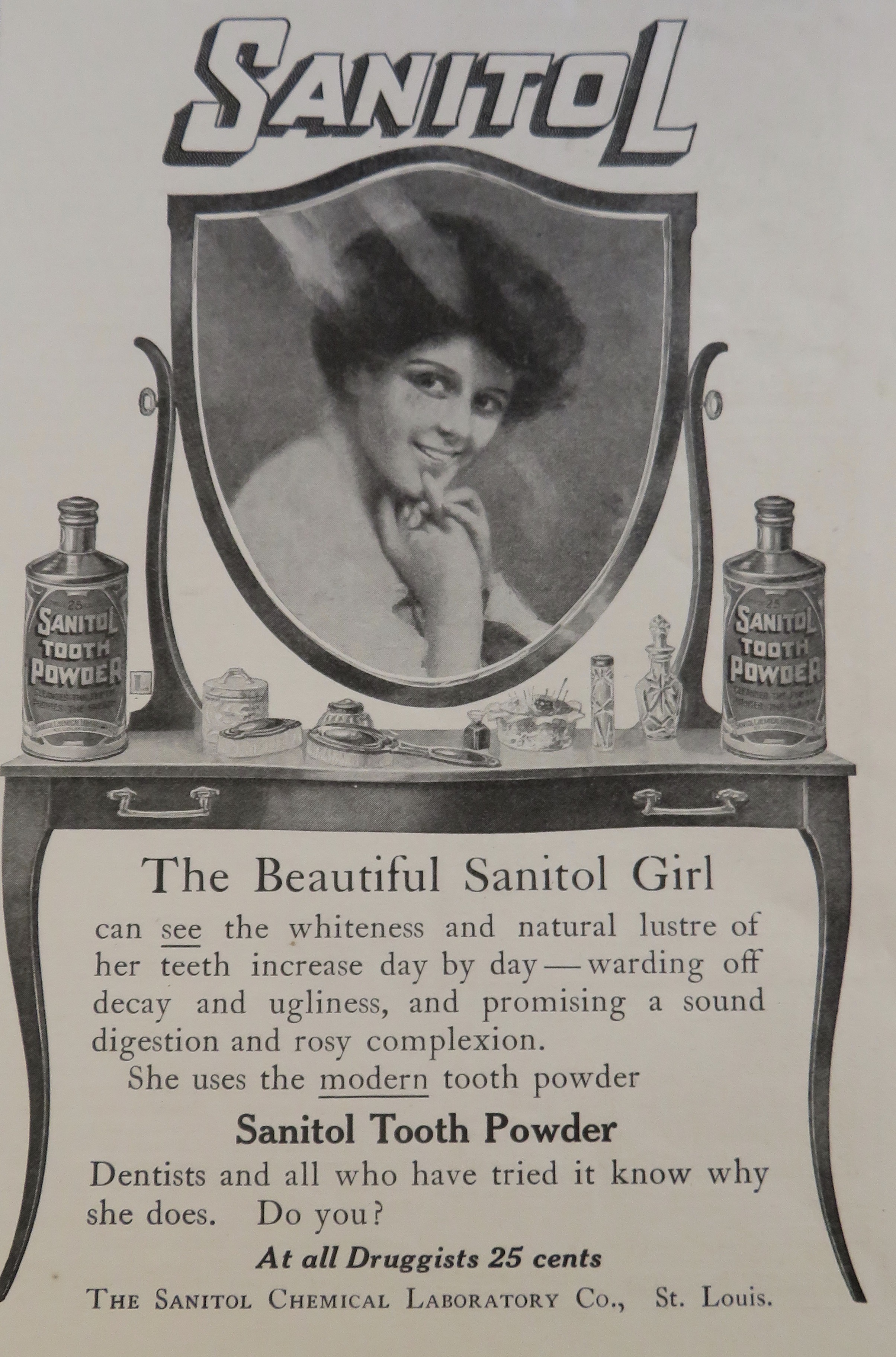 1906 Sanitol Tooth Powder with Woman Smiling In Mirror
