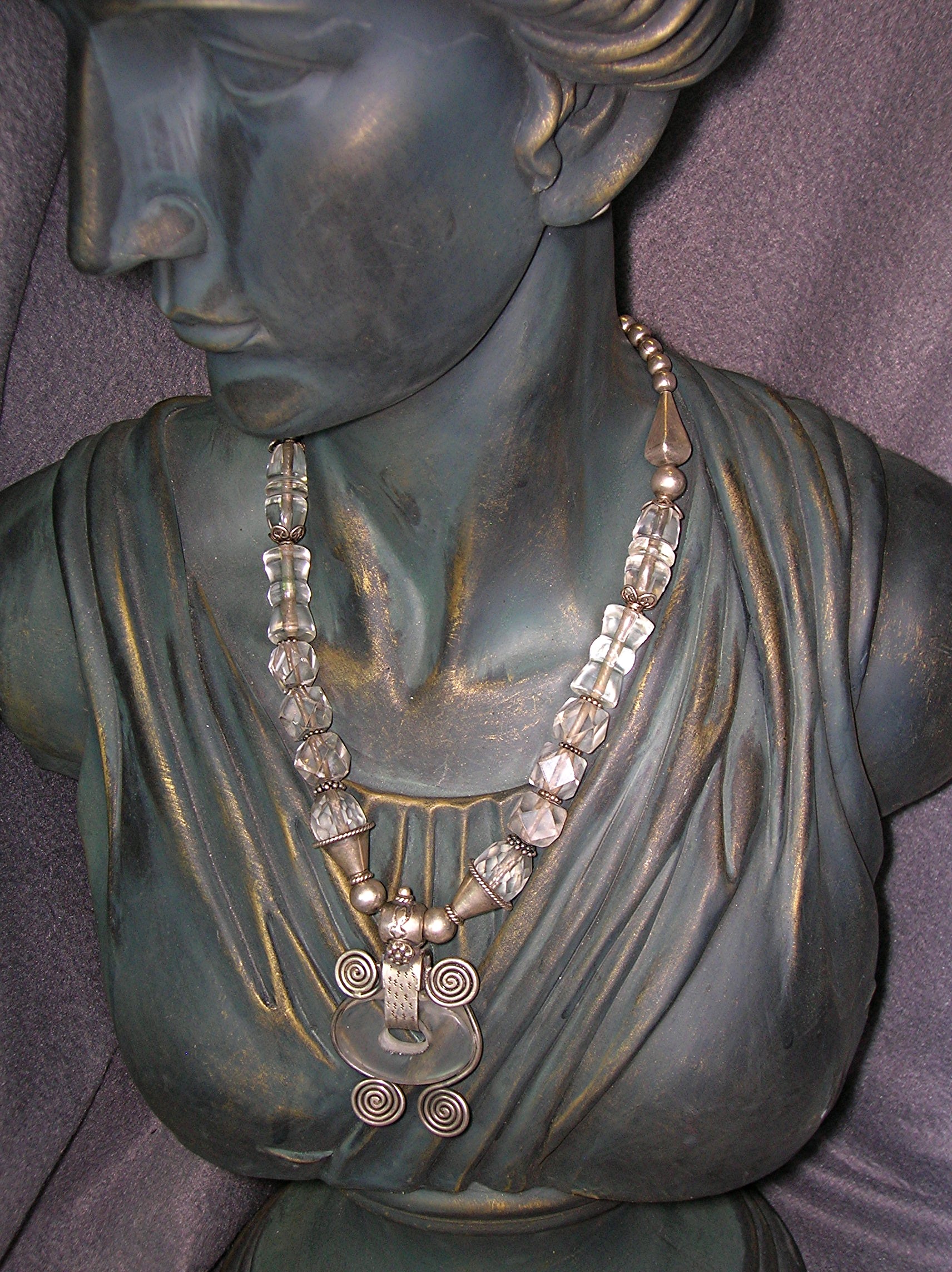 Sterling Silver Antique Carved Crystal Necklace India
