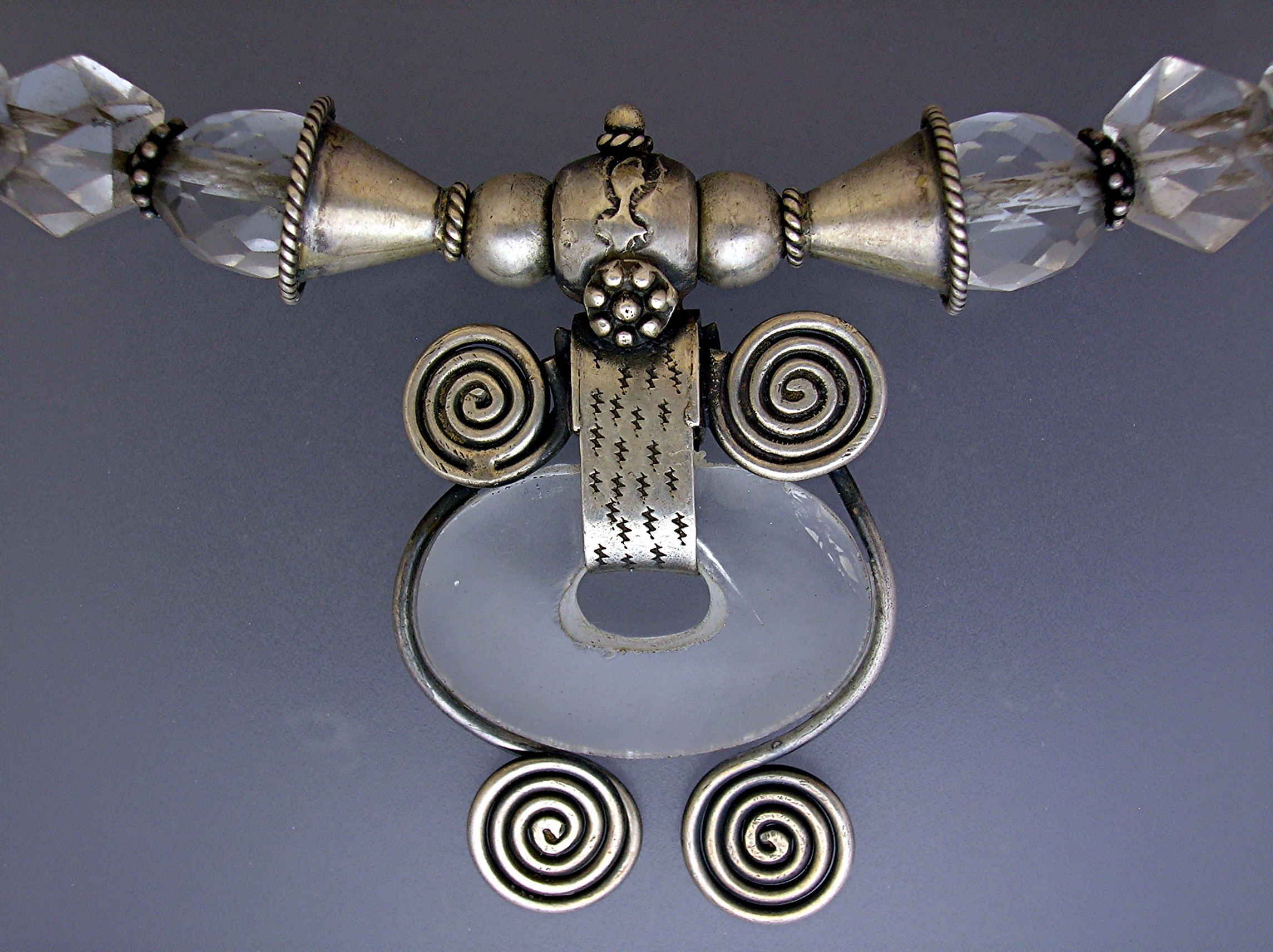 Sterling Silver Antique Carved Crystal Necklace India
