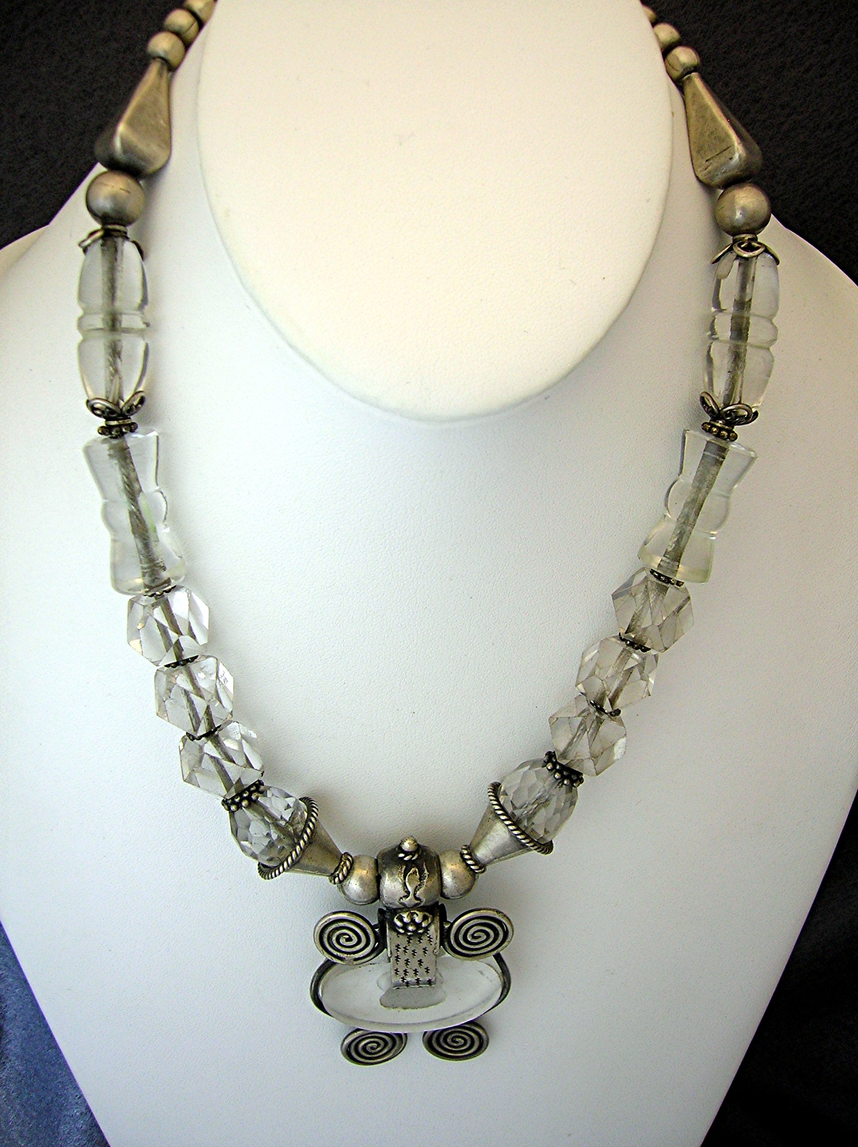 Sterling Silver Antique Carved Crystal Necklace India