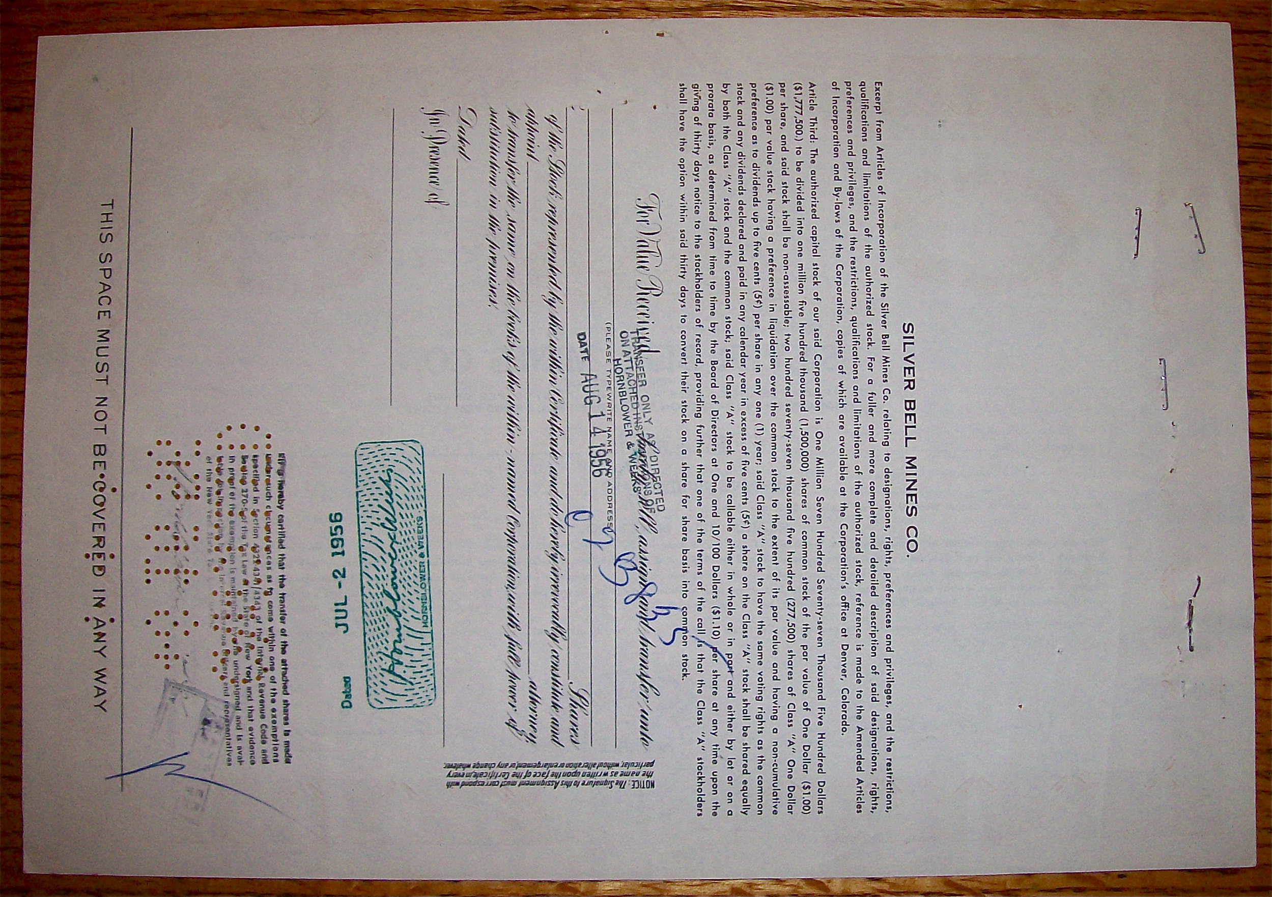 1956 Silver Bell Mines Company Stock Certificate