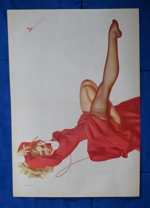 Original 1945 Sexy Pin Up Girl Wearing A Red Dress While Laying On Her Back While On The Telephone By George Petty