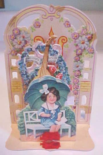 Fold Out Valentines Card Girl with Umbrella 1910-20's