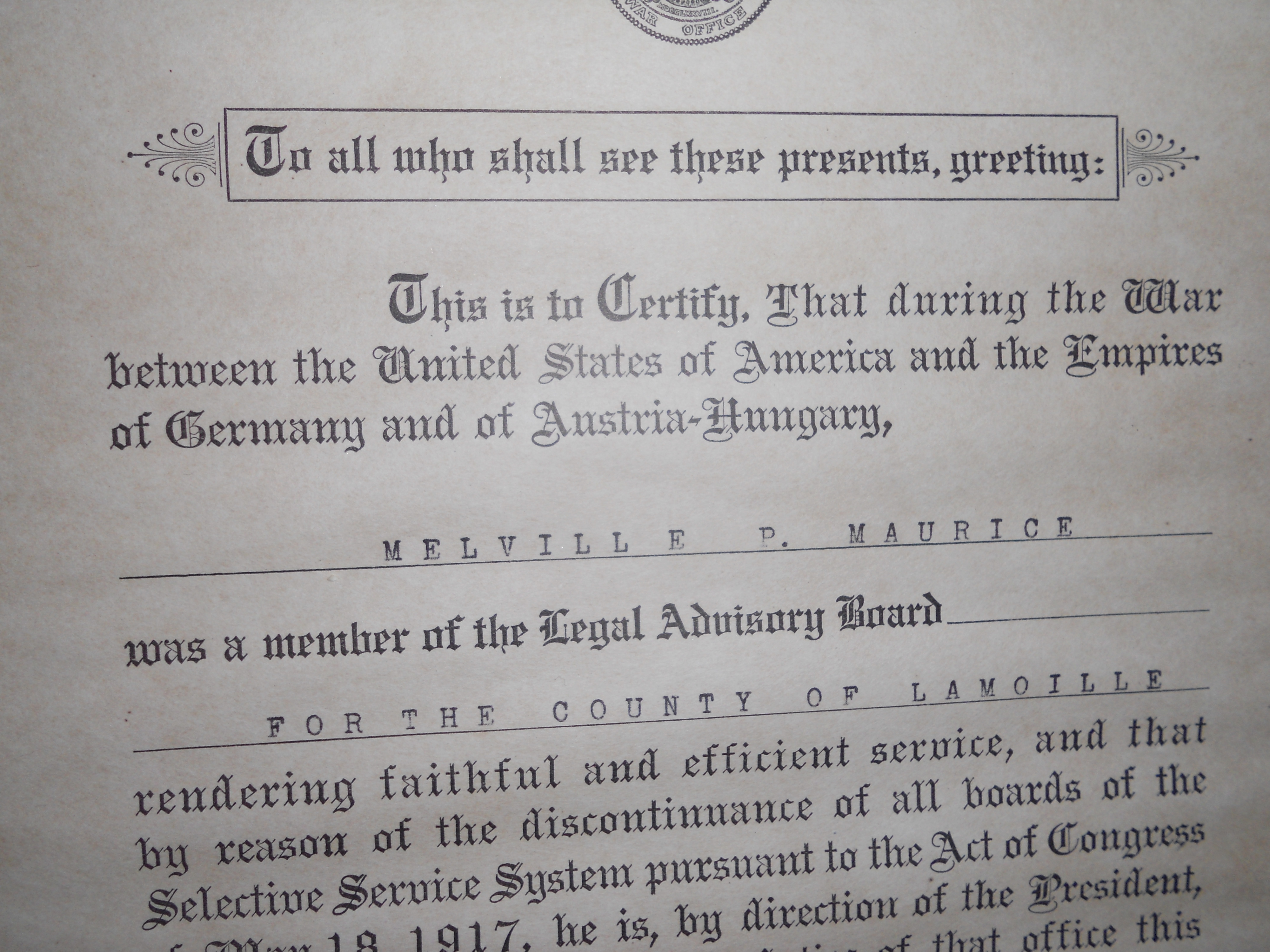 War Department Certificate 1919